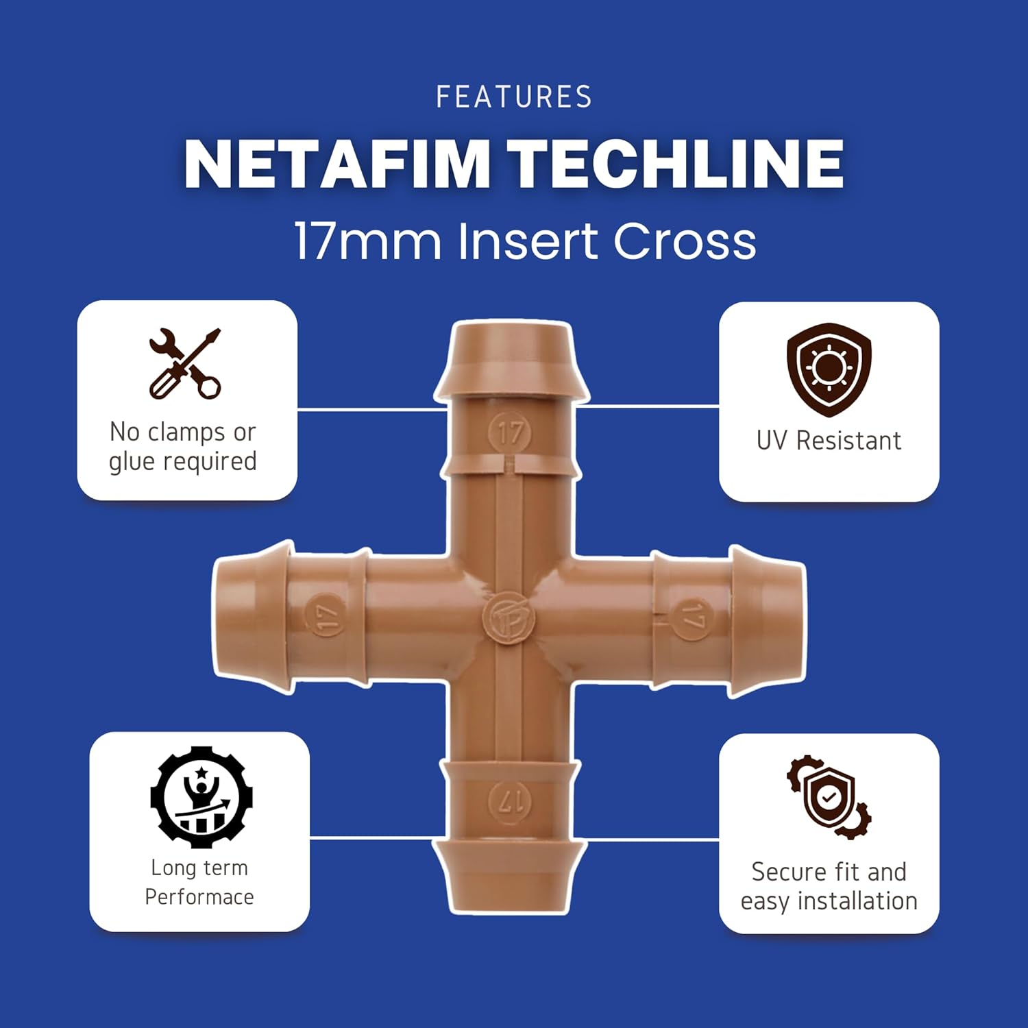 Netafim 17mm Techline Insert Cross - Drip Irrigation Barbed Cross Connector (25 PCS) | Compatible with 1/2" Drip Line Tubing | Easy Install | Precision Garden Watering (32500-006340)