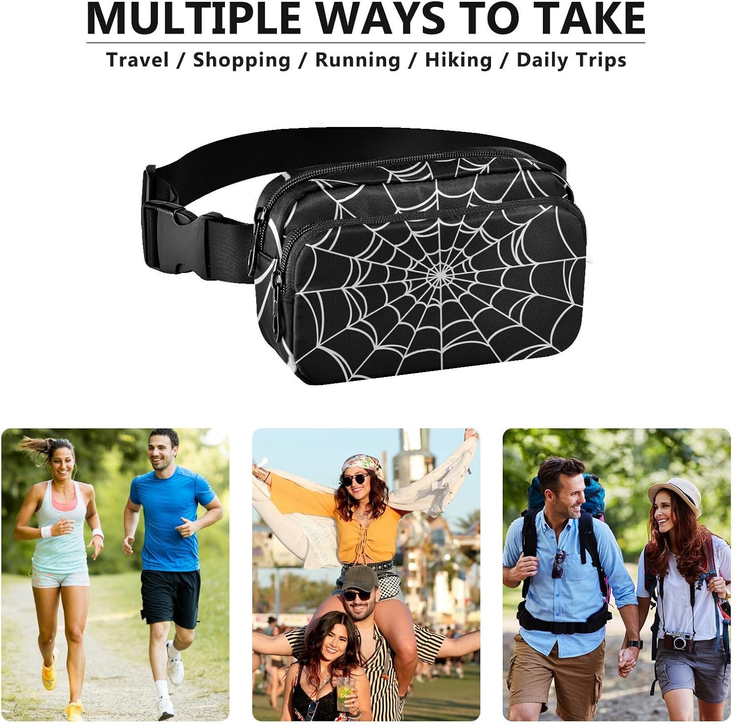 Goth Spider Web Fanny Pack for Women Men Crossbody Waist Bag Pack | Adjustable Casual Waist Belt Bag for Travel Running Workout Cycling