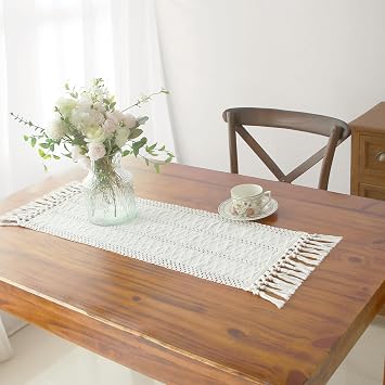 FEXIA Boho Cream Table Runner with Tassels 36 Inches Long Farmhouse Home Decor Bohemian Kitchen Dining Bedroom Summer Coffee Tabel Decor Rustic Burlap Tablecloth for Baby Shower 12x36 Inches