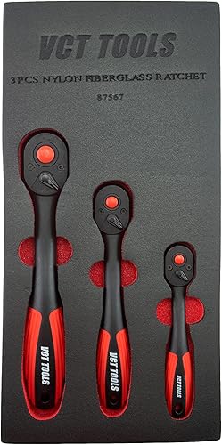 VCT Juego de 3 piezas de trinquete de 12" 38" 14" llave de vaso de liberación rápida mango compensado compuesto reversible llave de engranaje 72