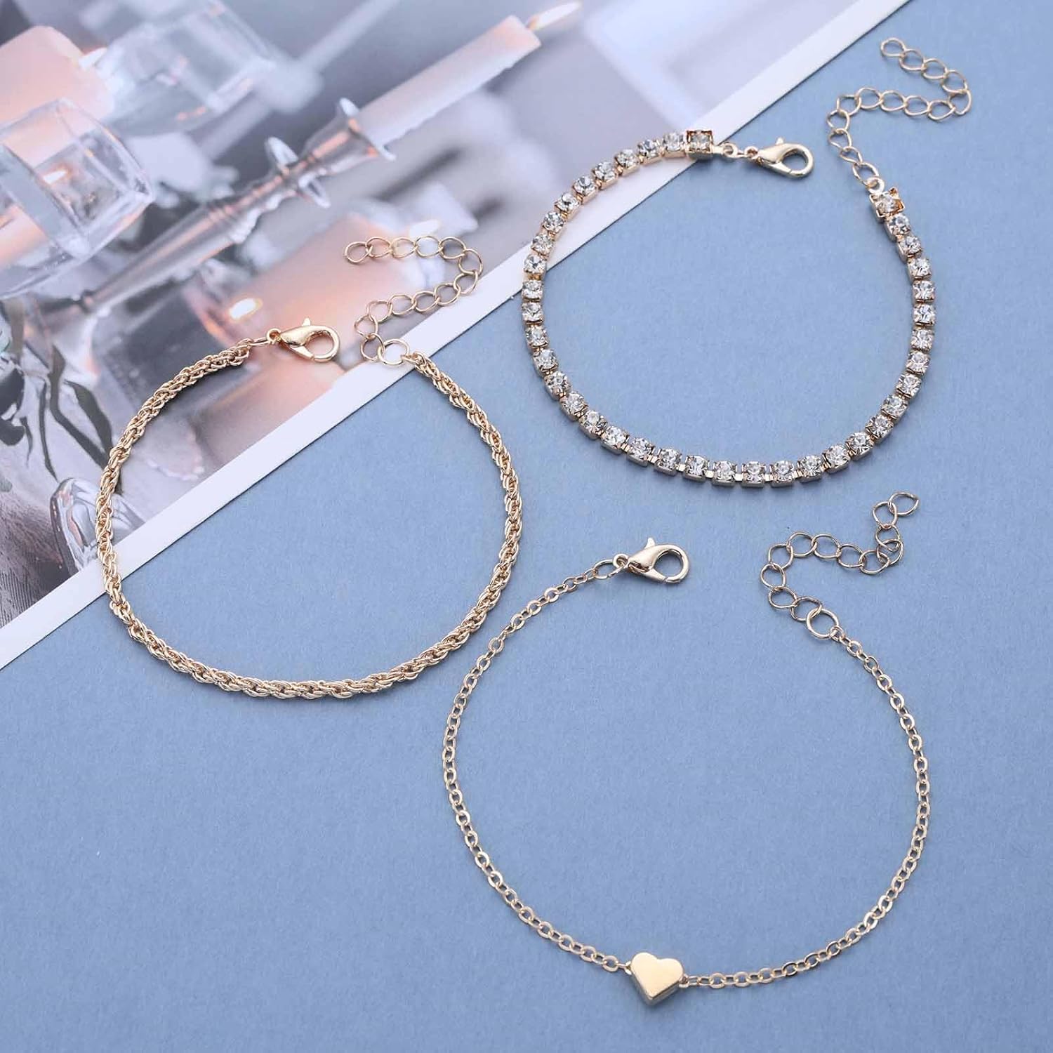 Vintage Cz Tennis Bracelet Gold Rope Chain Bracelet Layered Heart Bracelets Heart Bangle Bracelet Sparkly Cz Bracelet Adjustable Crystal Hand Chain Bracelet Jewelry for Women - Image 4