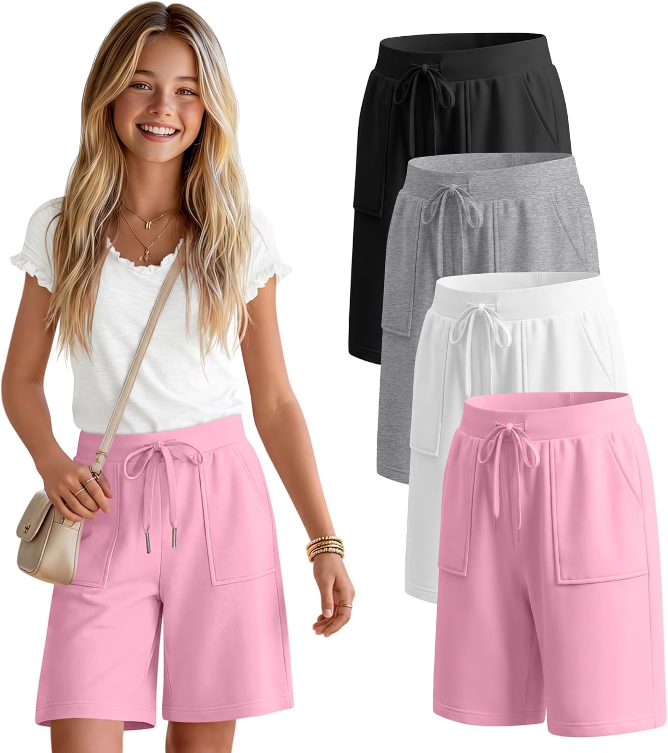 4 Pack Girls Bermuda Shorts, Athletic Knee Length Long Shorts, Back to School Clothes 5-14 Y