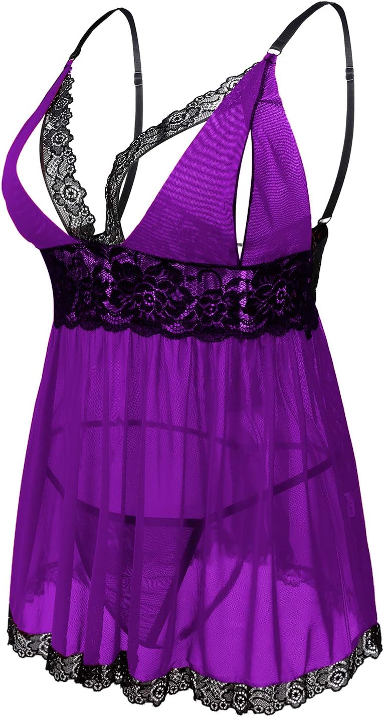 Donnalla Plus Size Babydoll Lingerie Set for Women Sexy Mesh Lace Nightwear Adjustable Straps V Neck Chemise with Panty - Image 2
