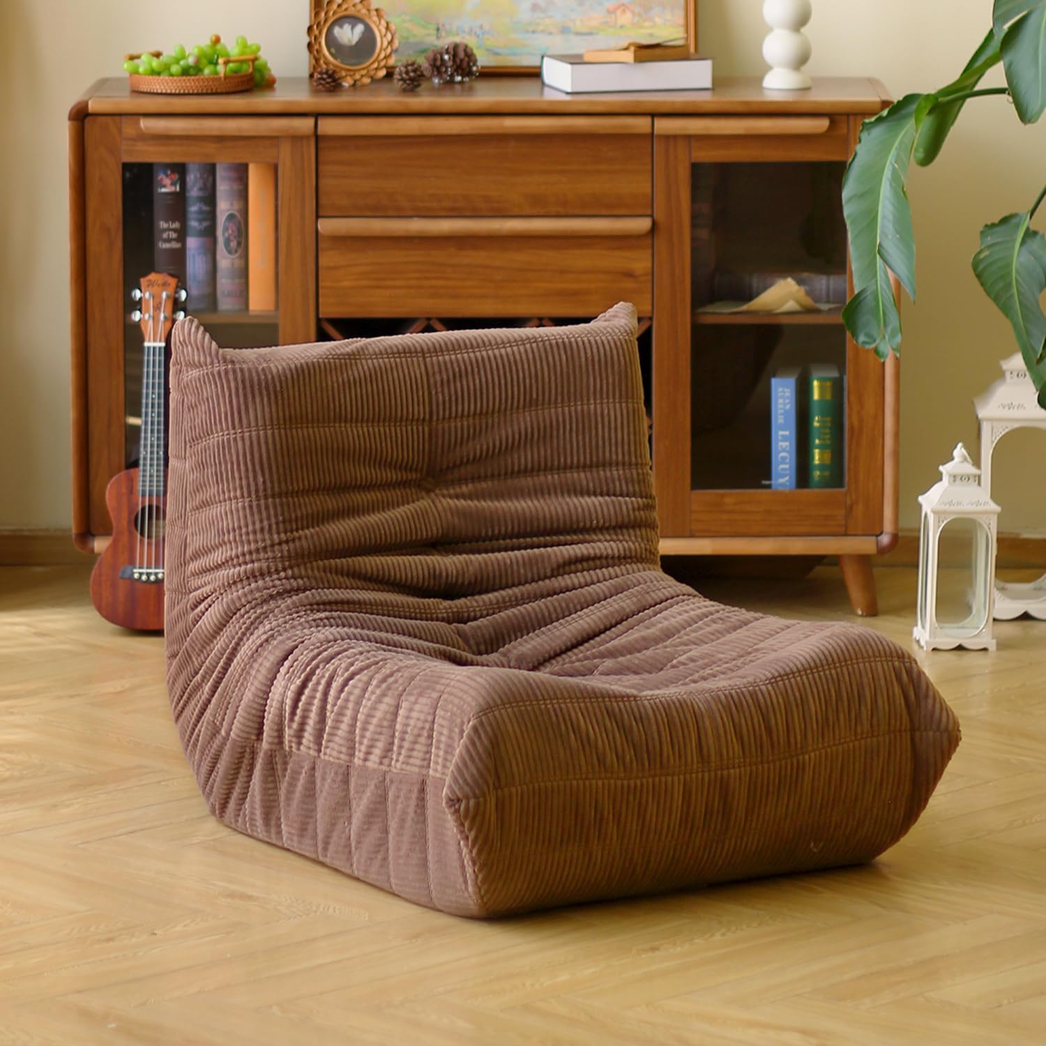 N&V Fireside Floor Sofa- Mid-Century Modern Armless Lounge Chair with Premium Soft Corduroy Fabric, Plush Foam Cushion Accent Chair for Living Room, Bedroom & Office (Light Grey)