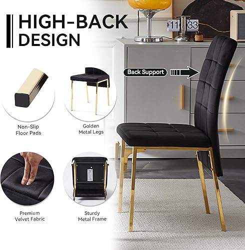 Miniatura 3 de Howtek Juego de 4 sillas de comedor de terciopelo, modernas sillas de cocina tapizadas de tela, sillas de comedor con patas de metal dorado para