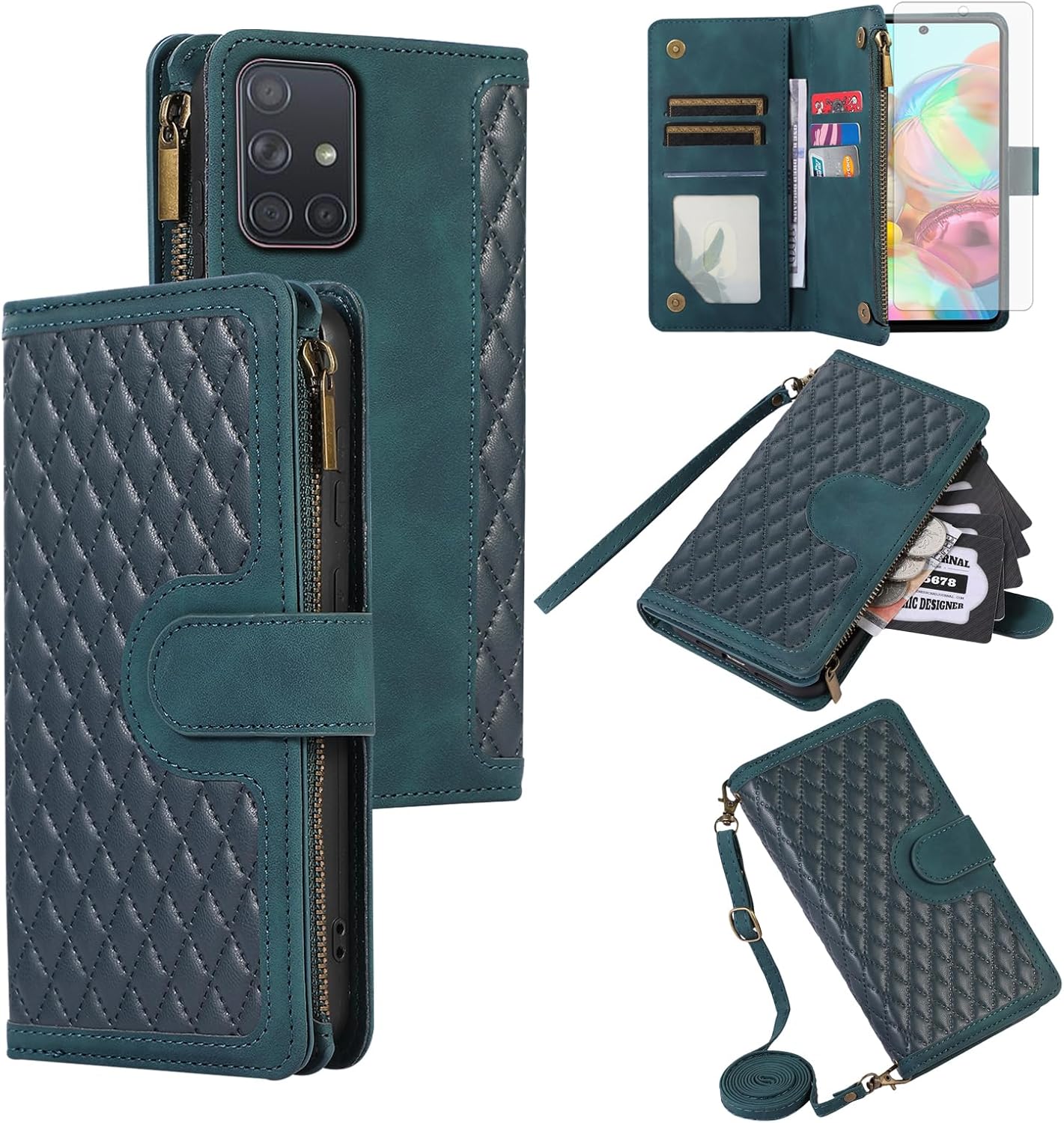 Asuwish Phone Case for Samsung Galaxy A51 5G/A 51 5G UW Verizon Wallet Cover With Tempered Glass Screen Protector and Wrist Strap Flip Zipper Credit Card Holder Stand Cell 51A G5 S51 Women Girls Green