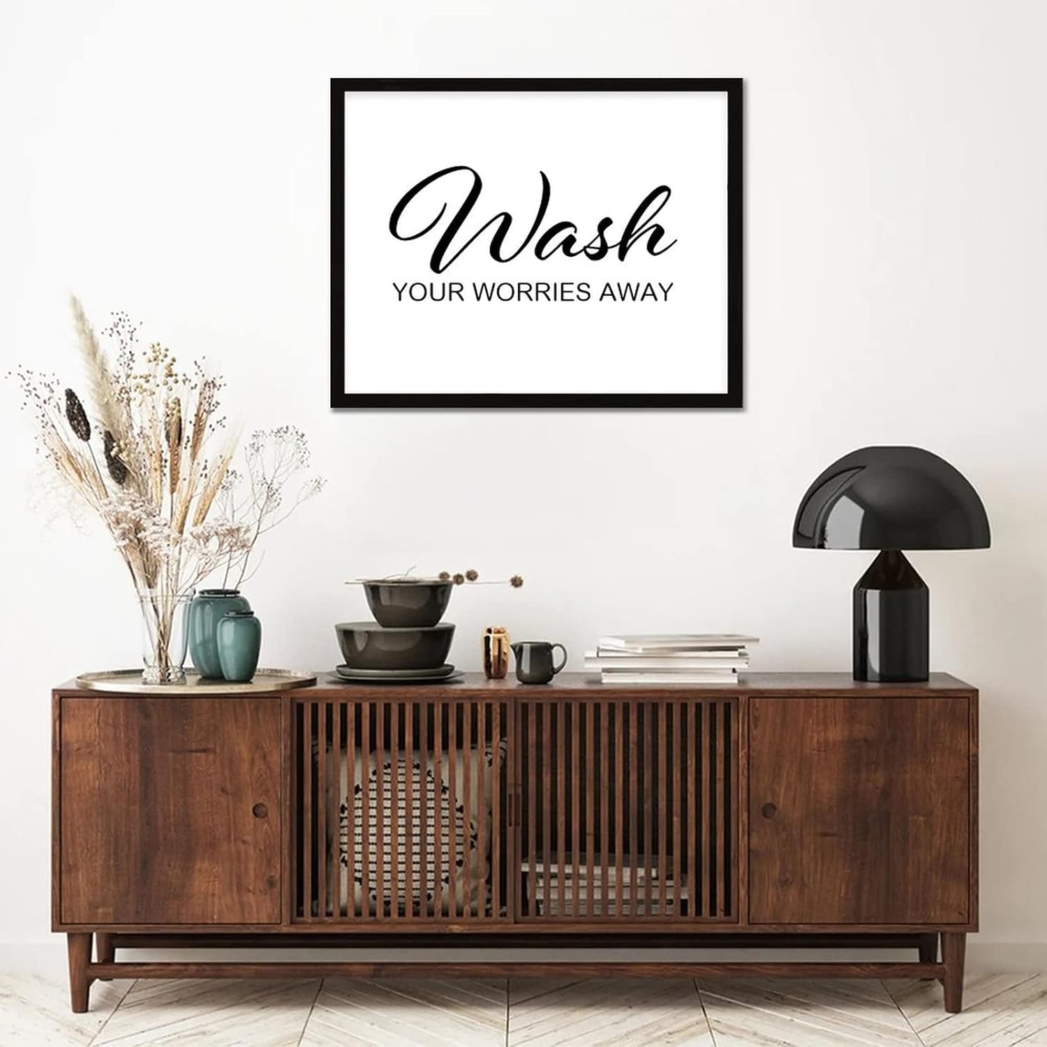 Alioyoit Country Style 16x20in Wood Sign with Motivational Quote Wash Your Worries Away Hang Black Frame Wooden Plaque for Shelf Farmhouse Garden Yard Porch Cottage Wall Decor