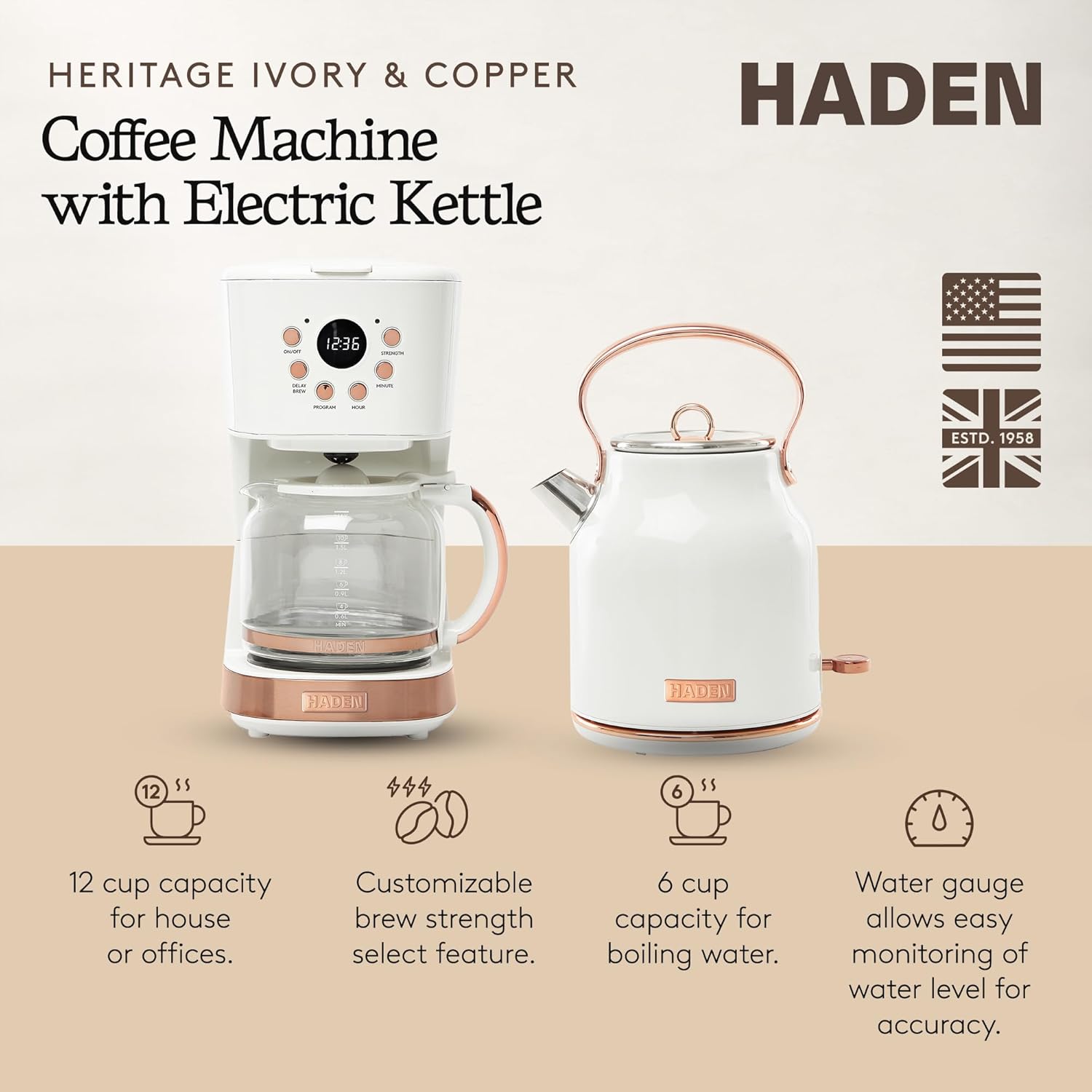 HADEN Coffee Machine, 12 Cup Drip Coffee Maker Bundled with Heritage 1.7 Liter Stainless Steel Electric Kettle, Ivory & Copper