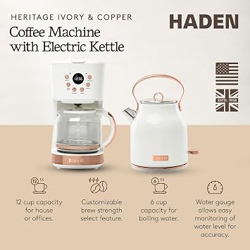 HADEN Coffee Machine, 12 Cup Drip Coffee Maker Bundled with Heritage 1.7 Liter Stainless Steel Electric Kettle, Ivory & Copper