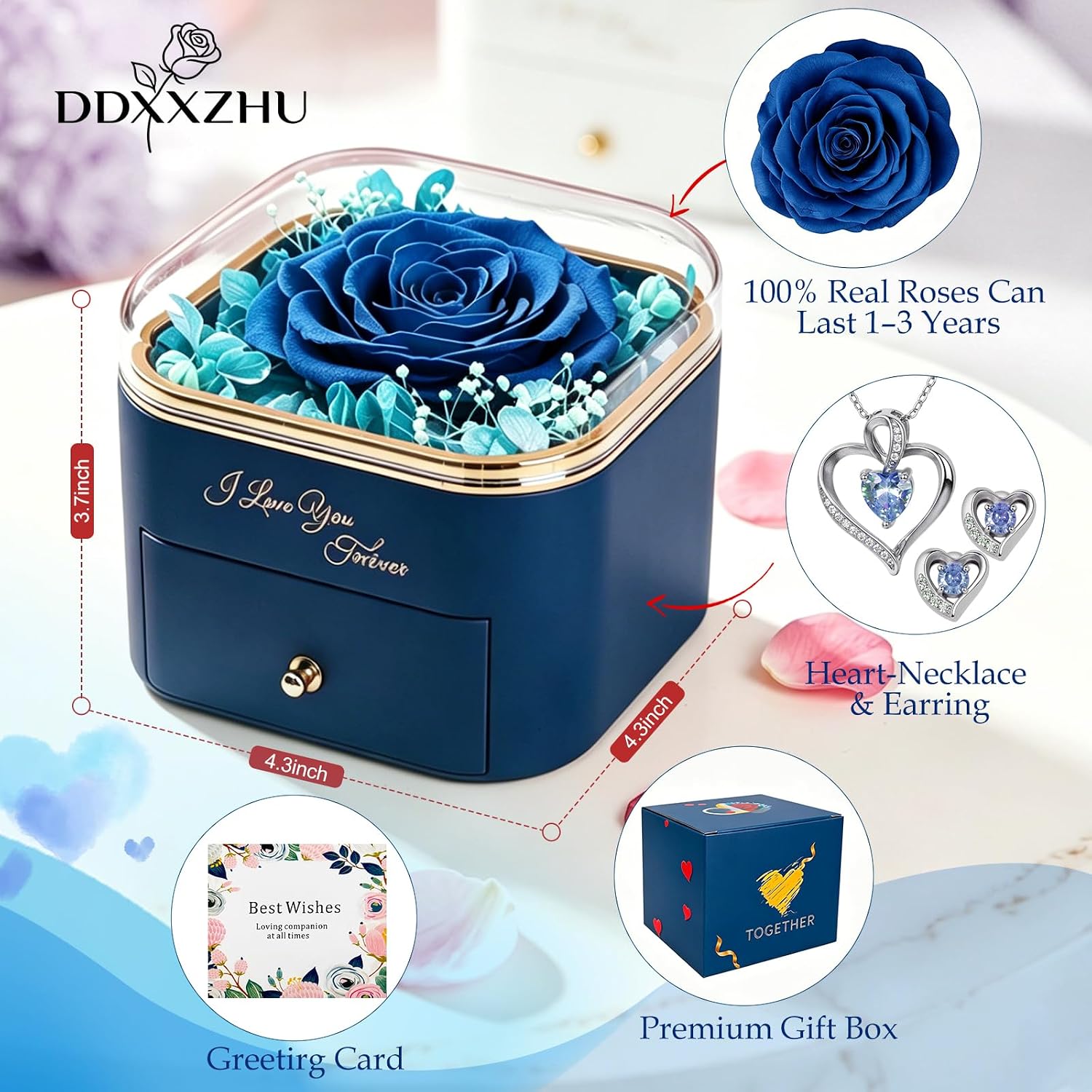 Preserved Flowers Heart-Necklace and Earring Set Box,Gift for Her
