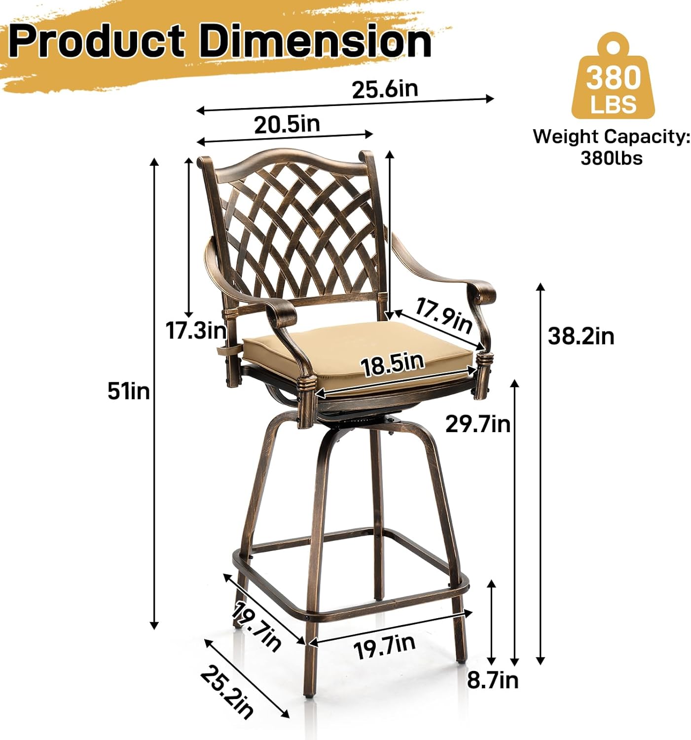 VINGLI Outdoor Swivel Bar Stools Set of 2, Cast Aluminum Patio Bar Height Chair, All-Weather Bar Dining Chairs Outdoor Swivel Chairs Furniture (Grid Back)