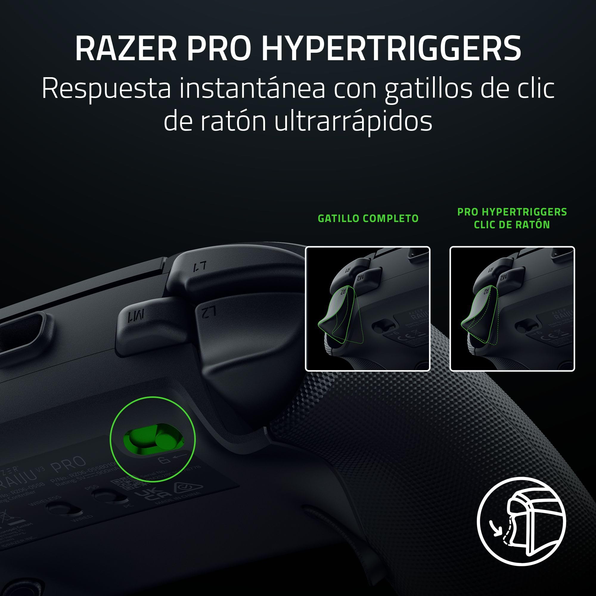 Razer Raiju V3 Pro - Mando inalámbrico e-sports para PlayStation 5 y PC - 4 botones extraíbles y 2 garras de agarre - sticks analógicos TMR - Pro HyperTrigger - Botones Mecha-Táctiles | Negro