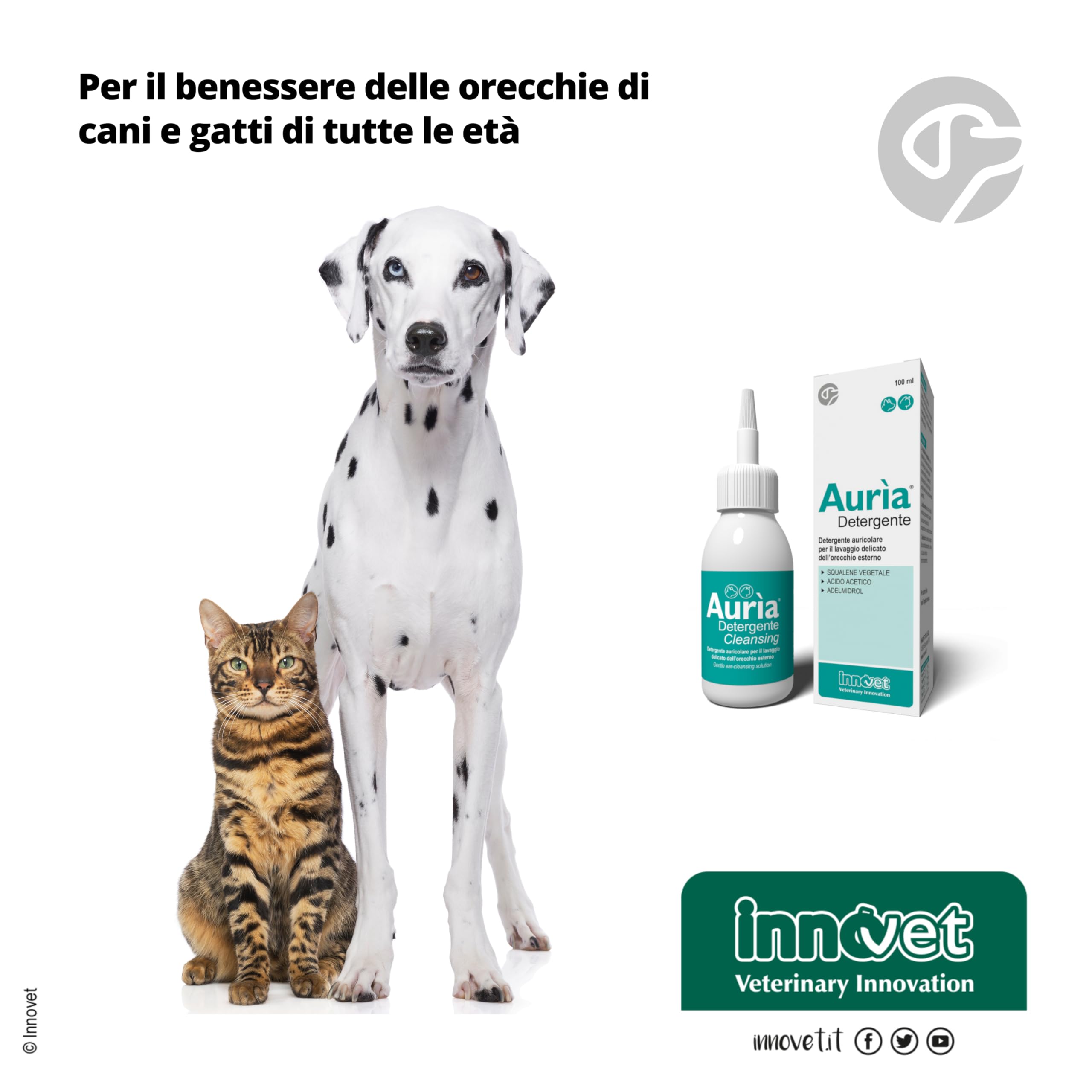 Innovet, Aurìa Detergente Auricolare Cani e Gatti, per la Pulizia di Orecchie Sensibili, Lavaggio Delicato dell'Orecchio Esterno, Ideale Contro Cerume e Cattivi Odori, 100 ml