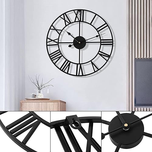 Miniatura 5 de Reloj de pared de metal industrial europeo grande, números romanos retro, movimiento de cuarzo silencioso para sala de estar, cocina, decoración del
