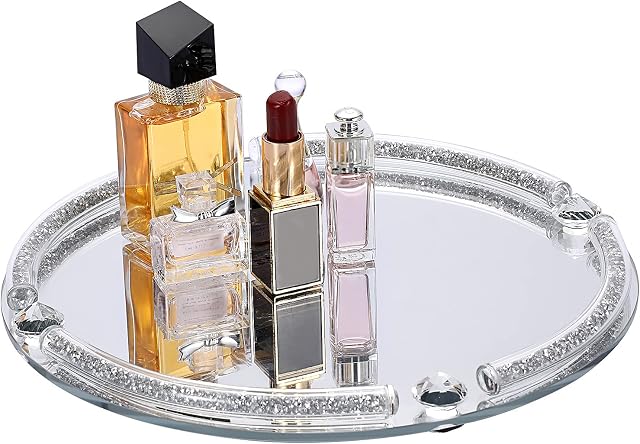 BTSKY 25 cm Glass Mirrored Tray with Shredded Diamond Frame - Round Decorative Display Tray Crystal Vanity Tray for Cosmetic Perfume and Jewellery Items, Mug Cup Tray