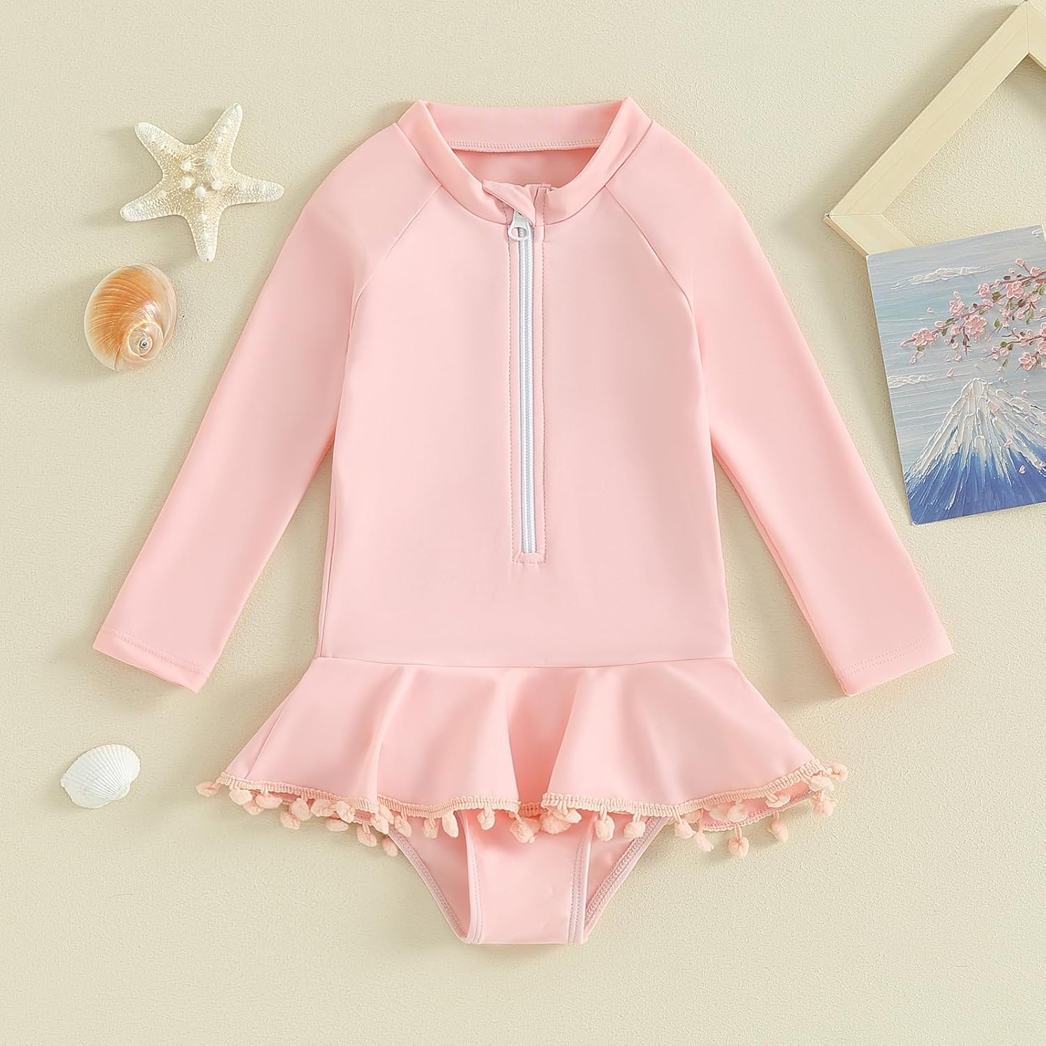 Yccutest Toddler Floral Bathing Suit Girls Long Sleeve Zipper Ruffle Tassel One Piece Swimsuit Kids Rash Guard Swimwear Beach