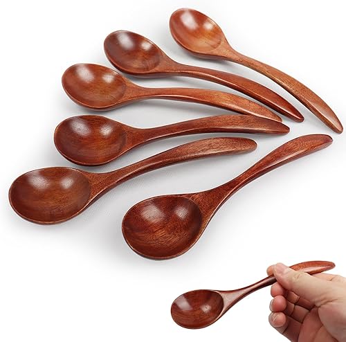 6 cucharas de madera para miel, cucharas pequeñas de madera de 6.7 pulgadas, perfectas para sopa, comer, recoger tarros y botes, juego de utensilios