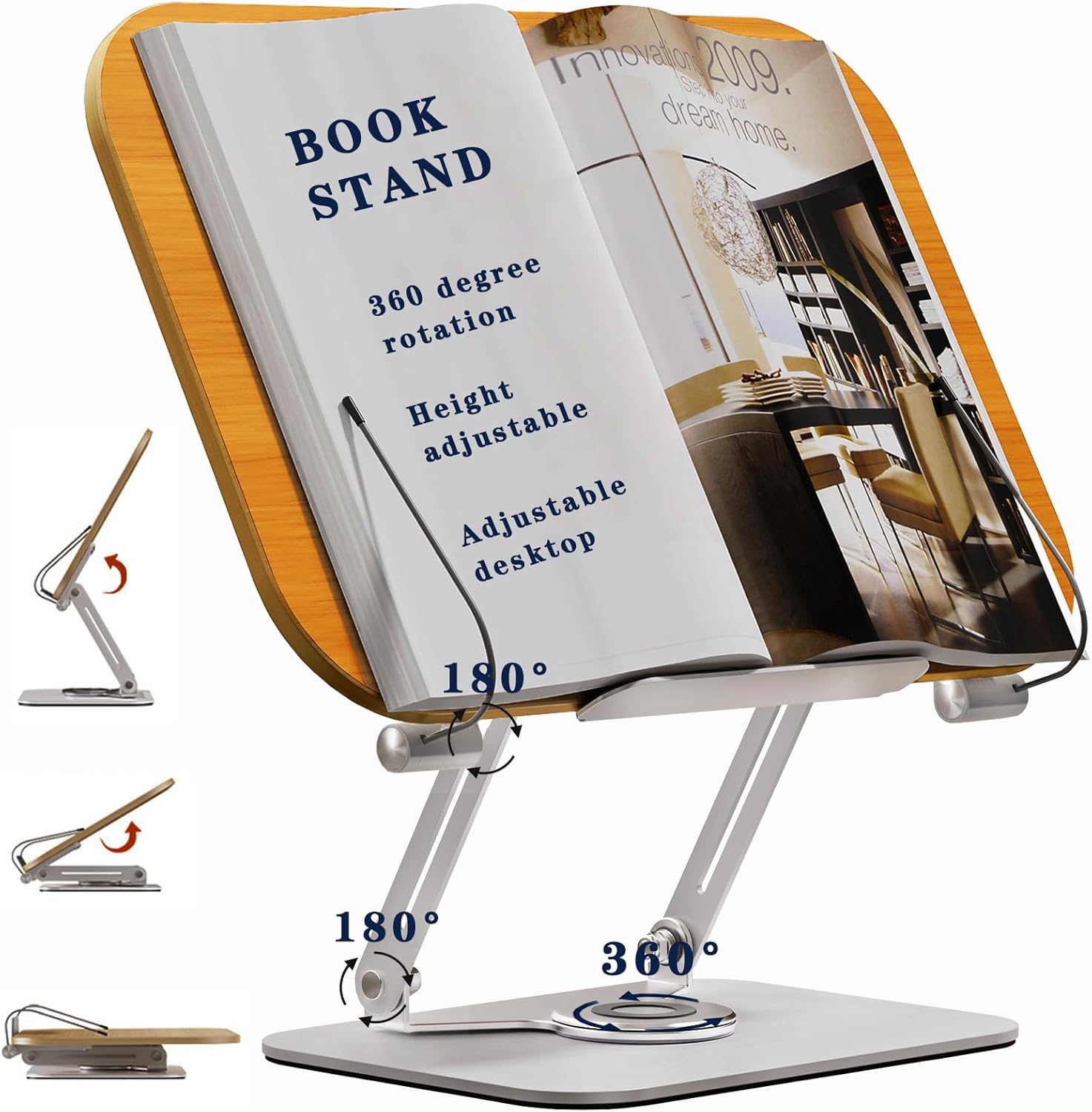 Book Stand for Reading Hands Free,Multi-Angle Adjustable Book Holder Stand with 360 Rotating Base & Page Clips,Foldable Cookbook Stand for Laptop Display Textbook Recipe Book Document Sheet Music