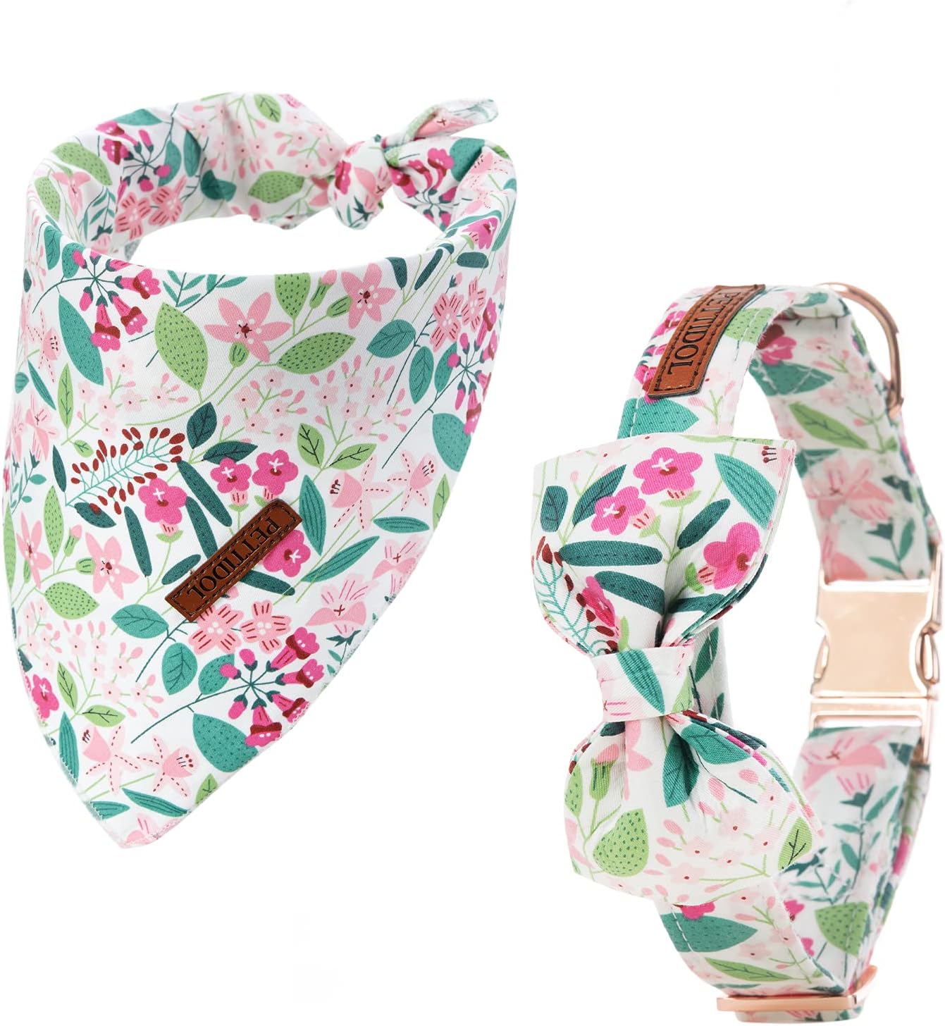 Pettidol Cute Dogs Collar with Bow Tie and Bandanas Sets,Quick Release Buckle Adjustable Soft Comfortable Floral Collars Scarf for Girl Dogs
