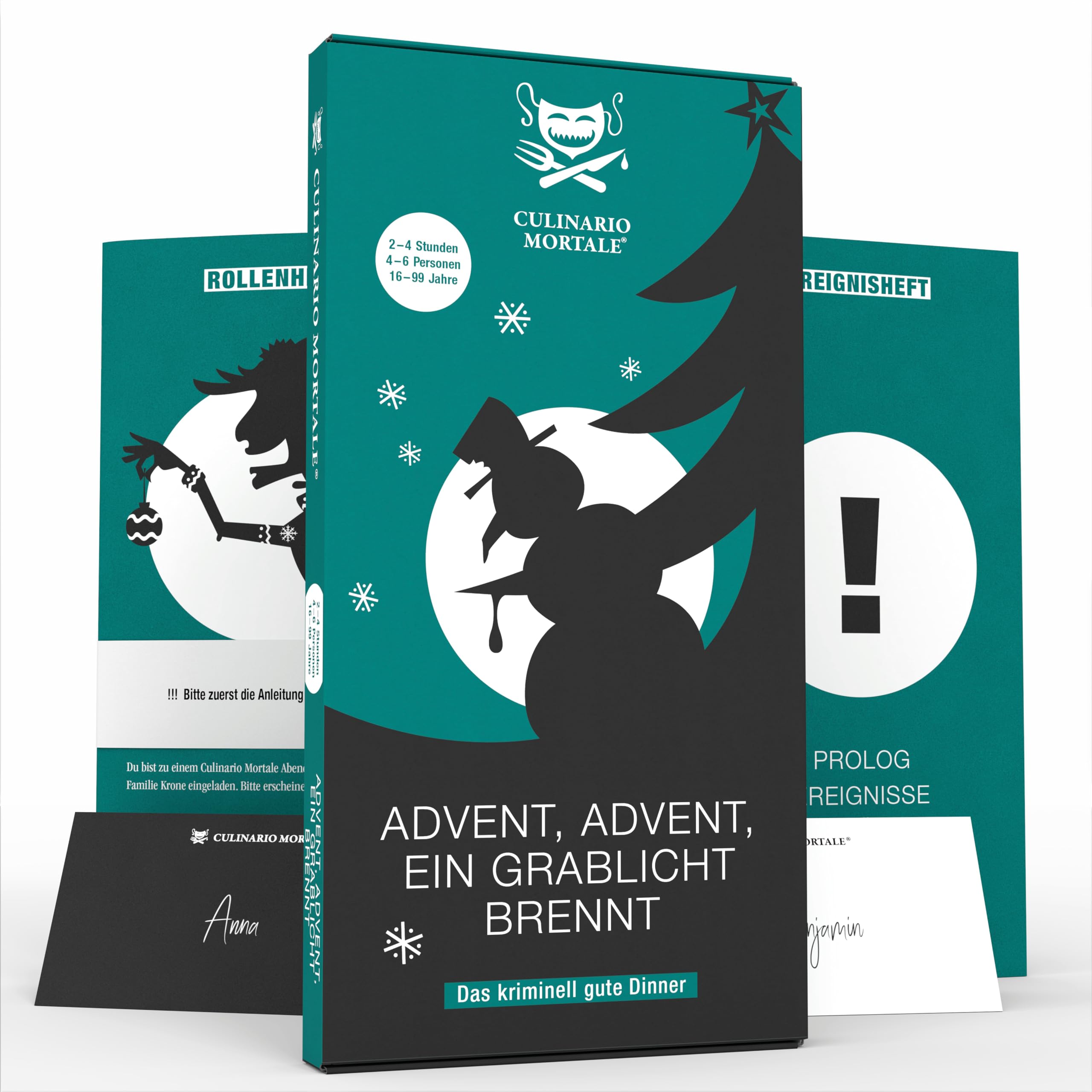 CULINARIO MORTALE® – Krimidinner für Zuhause 4 bis 6 Personen - Advent, Advent, EIN Grablicht brennt/Krimidinner Weihnachten/Krimi Dinner für Zuhause/Krimispiele für Erwachsene