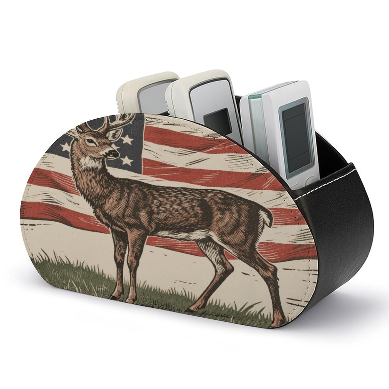 VstaDank Deer American Flag Remote Control Holder with 5 Compartments PU Leather Remote Caddy Desktop Organizer Store TV Remote Control Storage Box for Home Office Desk Nightstand