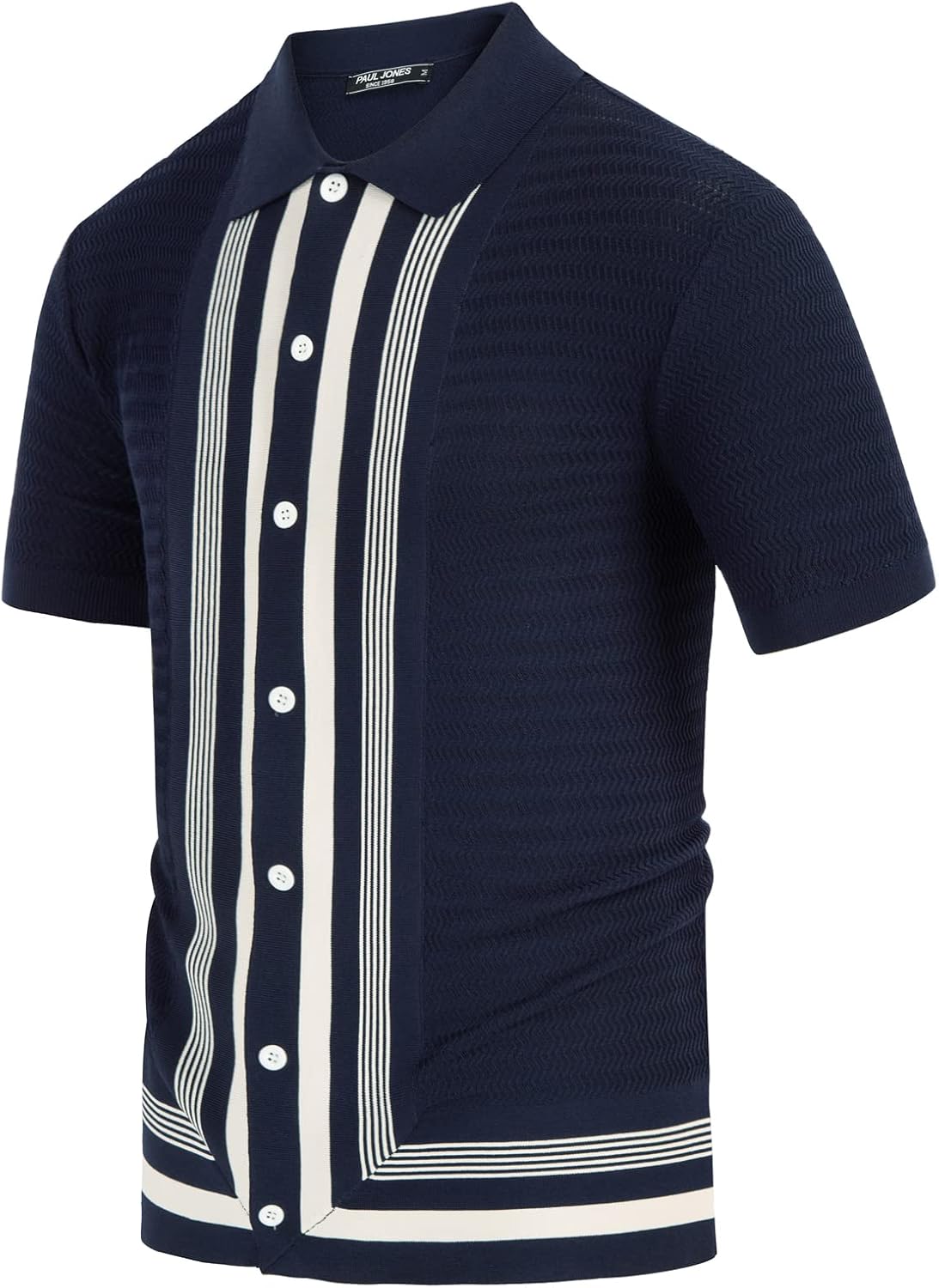 PJ PAUL JONES Men's Vintage Stripe Knit Polo Shirts Short Sleeve Stylish Button Down Cardigan Sweater - Image 2