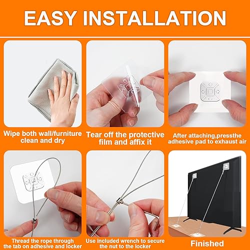 Miniatura 7 de Correas de seguridad ajustables para TV de 42 pulgadas (paquete de 2 + 4 almohadillas adhesivas de repuesto), kit de anclajes adhesivos antipunta