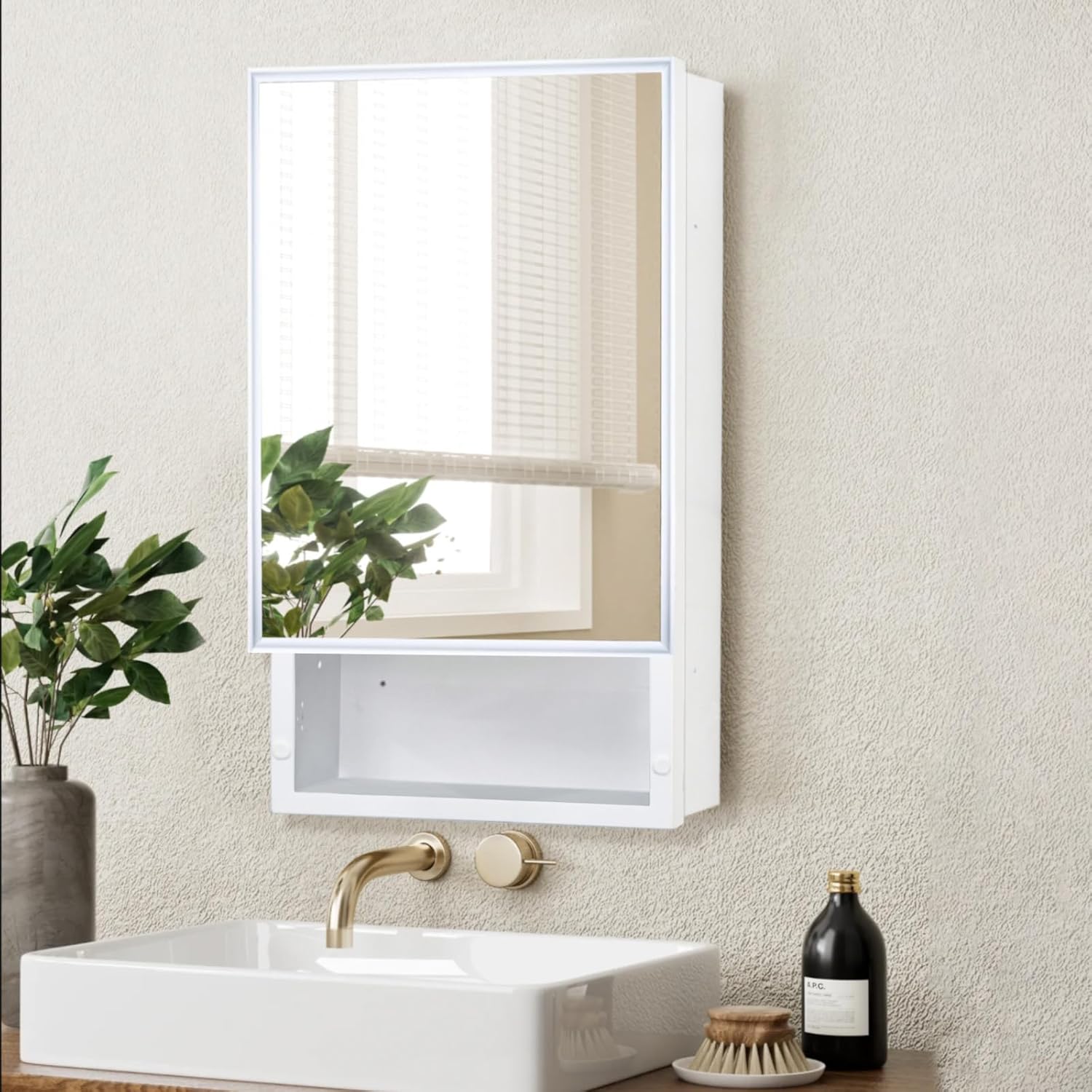 Plastic Medicine Cabinet with Mirror 16x26 inch, Recessed Medicine Cabinet or Surface Wall Mount Bathroom Cabinets with Removable Shelves, White Framed Mirror Cabinet