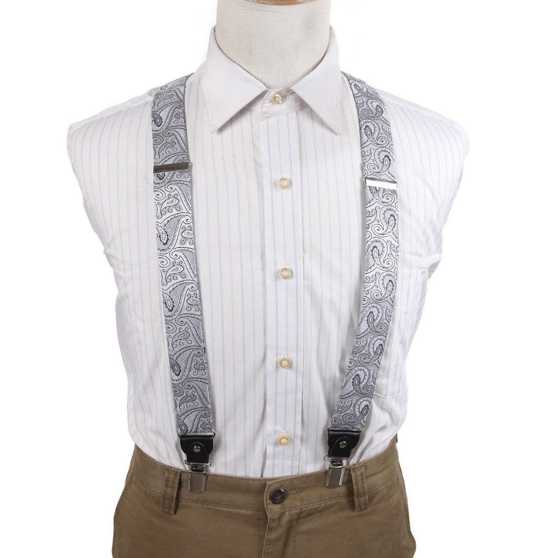 Epoint EFBB0031 Grey Paisley Suspenders Silk Y-Back Suspenders Stainless Steel Clip