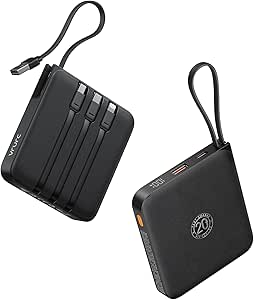 VRURC Power Bank 20000mAh mit Kabel Klein USB C Powerbank Schnelles Aufladen Mini Tragbares Ladegerät Externer Akku Klein und leicht mit 4 Ausgänge 3 Eingänge LED-Anzeige für iPhone Huawei Samsung usw