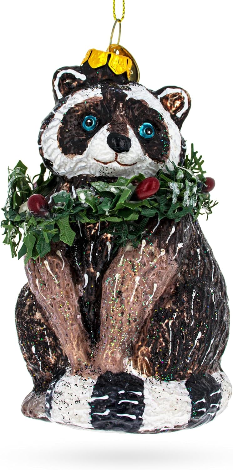 Cheerful Racoon with Wreath Blown Glass Christmas Ornament - Image 2