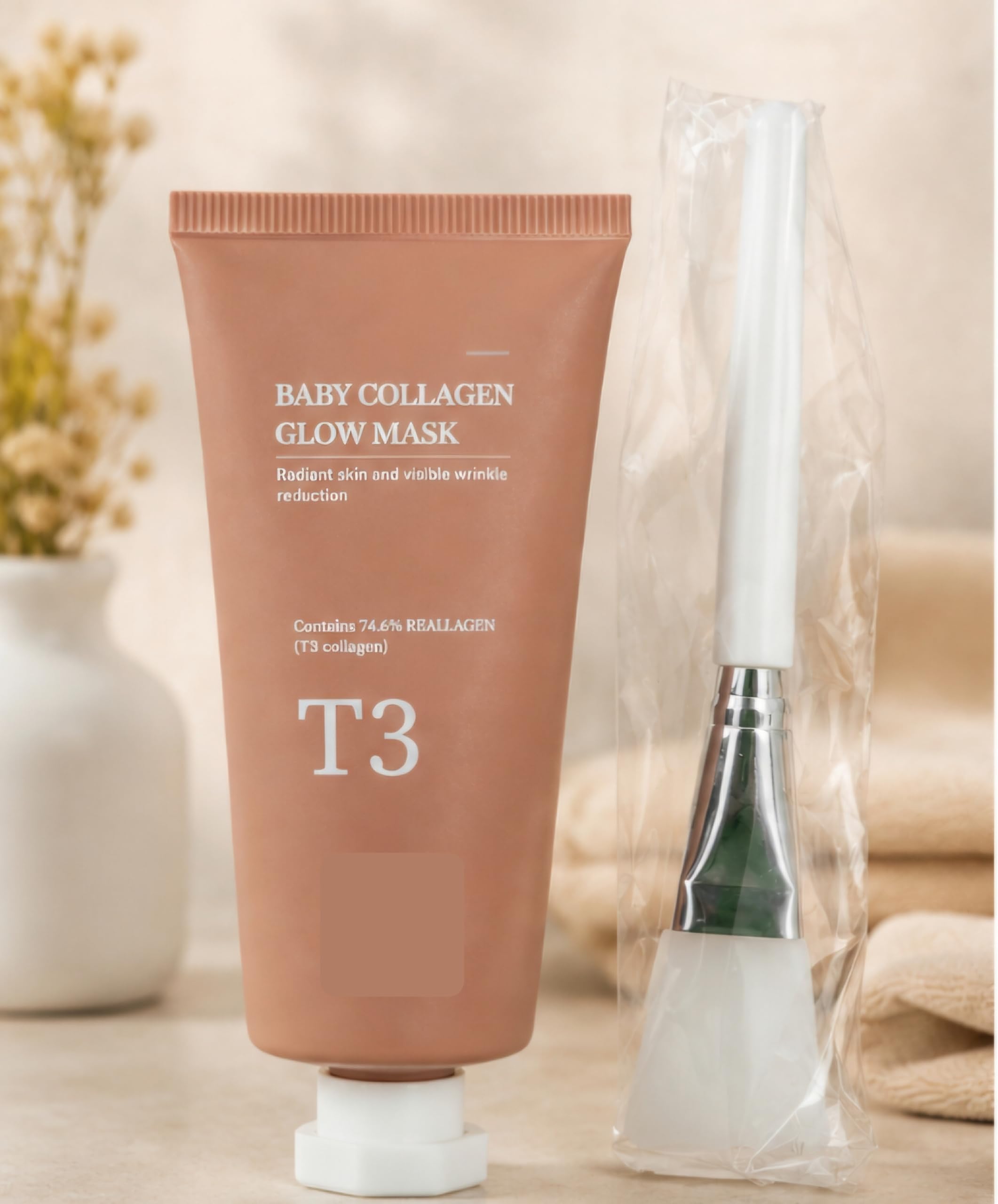 t3 baby collagen glow mask with 74.6% reallagen, skin treatment mask for radiant glow, wrinkle care, deep nourishment, includes applicator brush