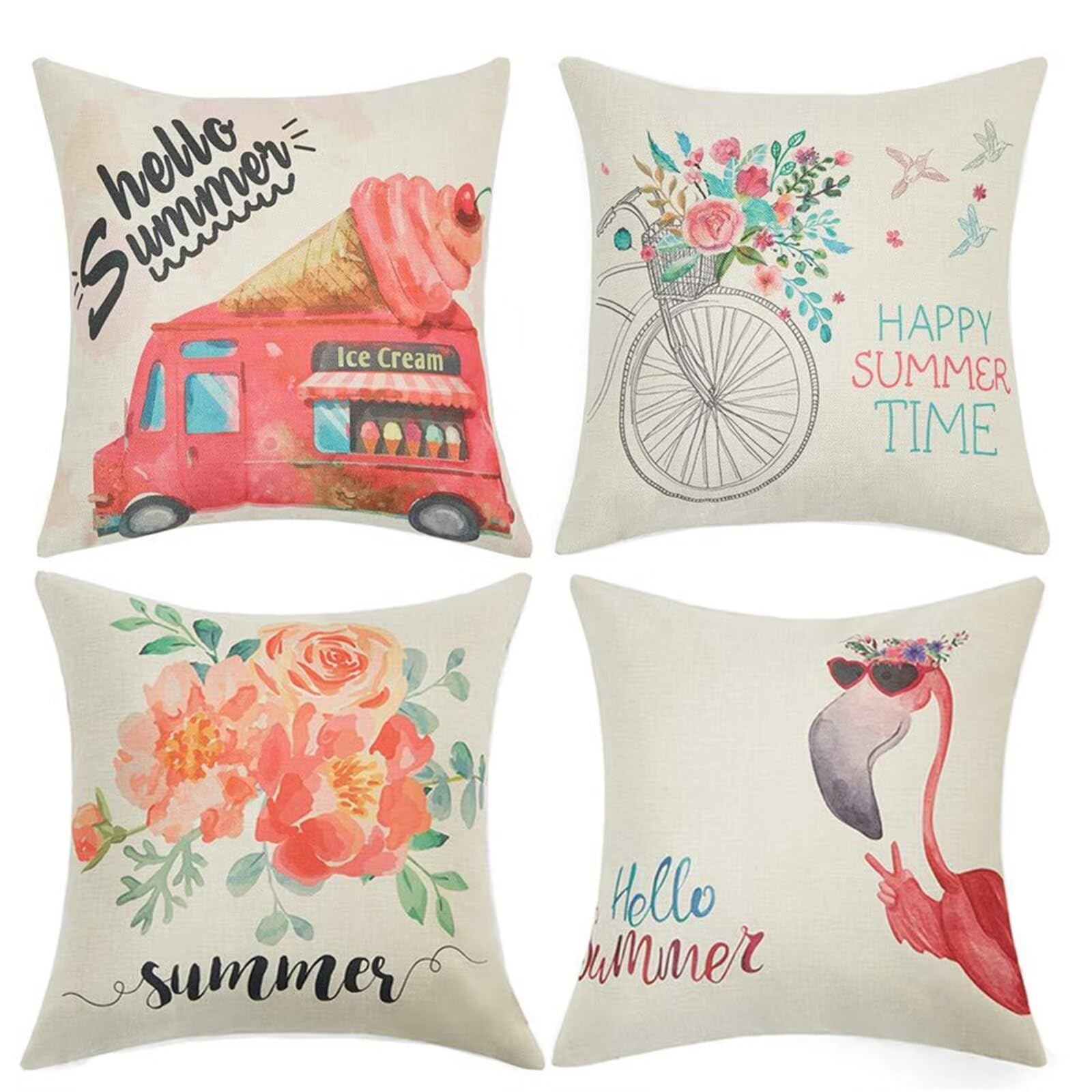 Juego de 4 Impermeable Funda de Cojín Flores y pájaros abstractos,65x65cm Moderno Suave Transpirables Lino Fundas de Almohada Cojines Decor con Cremallera Oculta para Exterior Sofá Cama Coche Hogar