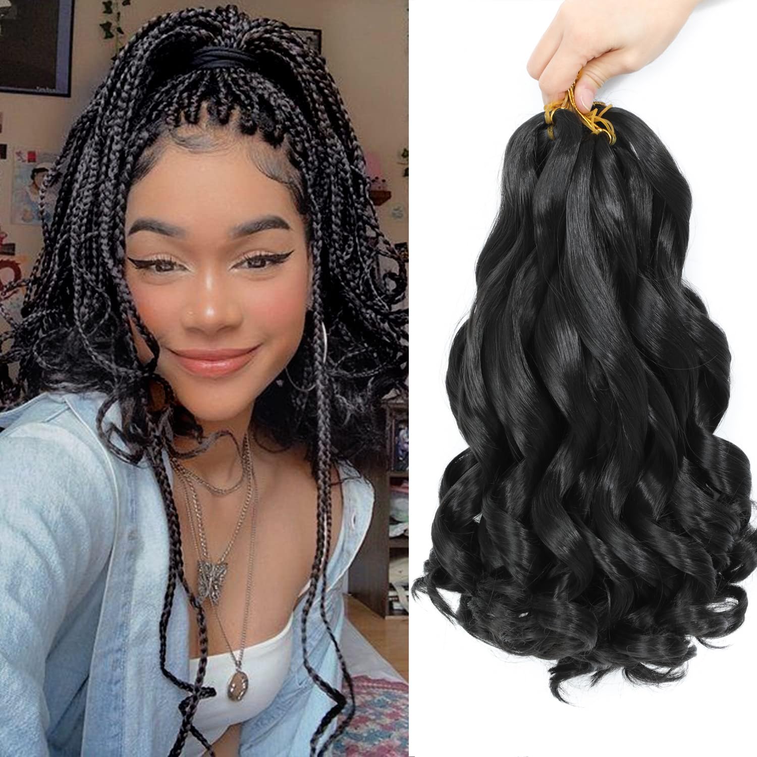 French Curl Braiding Hair 20 Inch 8 Packs Curly Braiding Hair Pre Stretched French Curls Braiding Extension Curl Crochet Braids Spiral Extensions (1B#