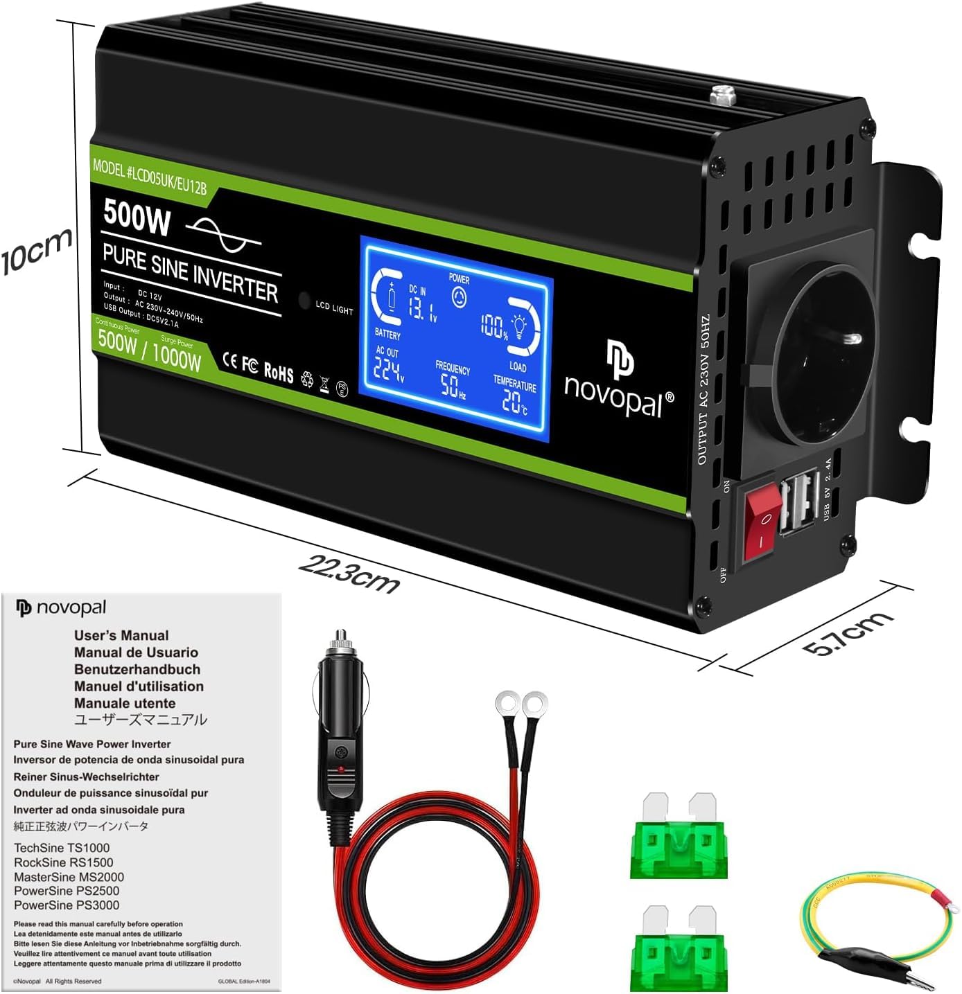 NOVOPAL 500W Wechselrichter 12V auf 230V 220V Reiner Sinus Spannungswandler mit intelligenter LCD-Anzeige - 2USB-Ausgang, EU-Stecker Für Auto KFZ Wohnwagen LKW