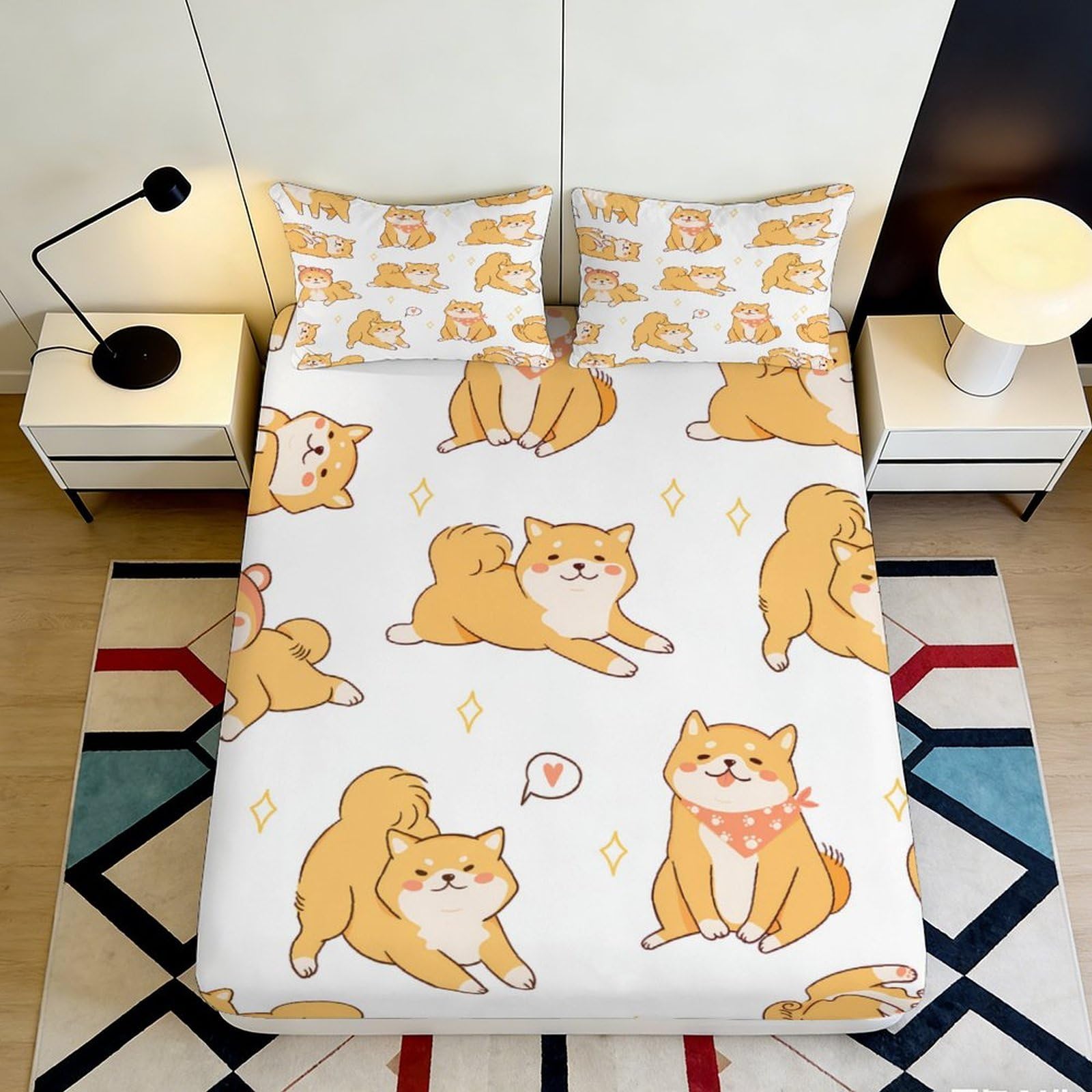 Pnayamiorkfel Style-1 3D Printed Shiba Inu Dog Fitted Sheet Microfiber Cartoon Puppy Bed Cover Anti-Slip Easy Care For Bedroom Decor 90X200x25cm