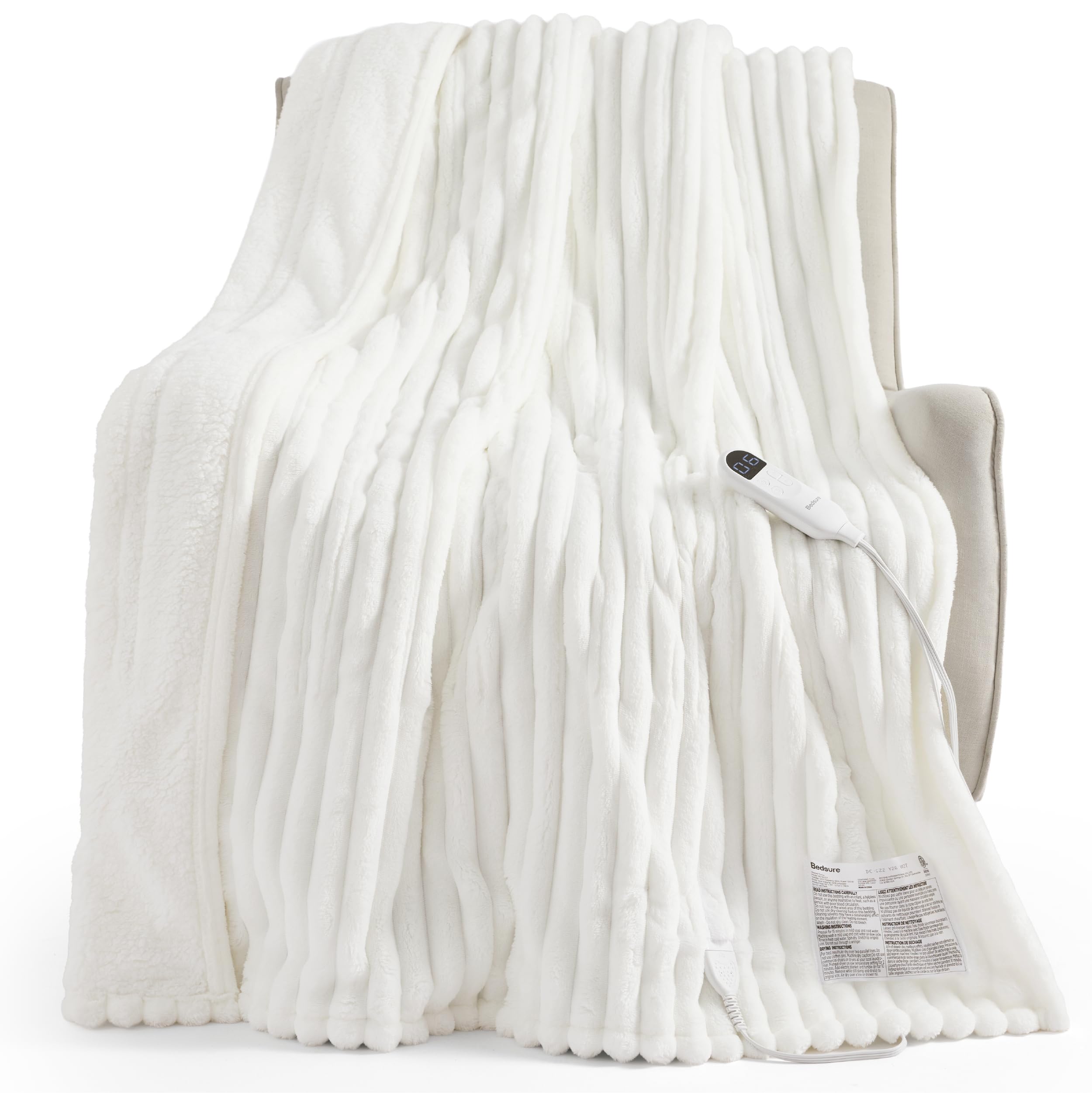 Bedsure Heated Blanket Electric Throw XL - Thick Striped Fast Heating Electric Blanket with Preheat Function, 6 Heat & 6 Timer (Up to 10H), 8H Auto Off, ETL Certified, Gifts for Mom (50"x70", White) 01 - White Throw XL