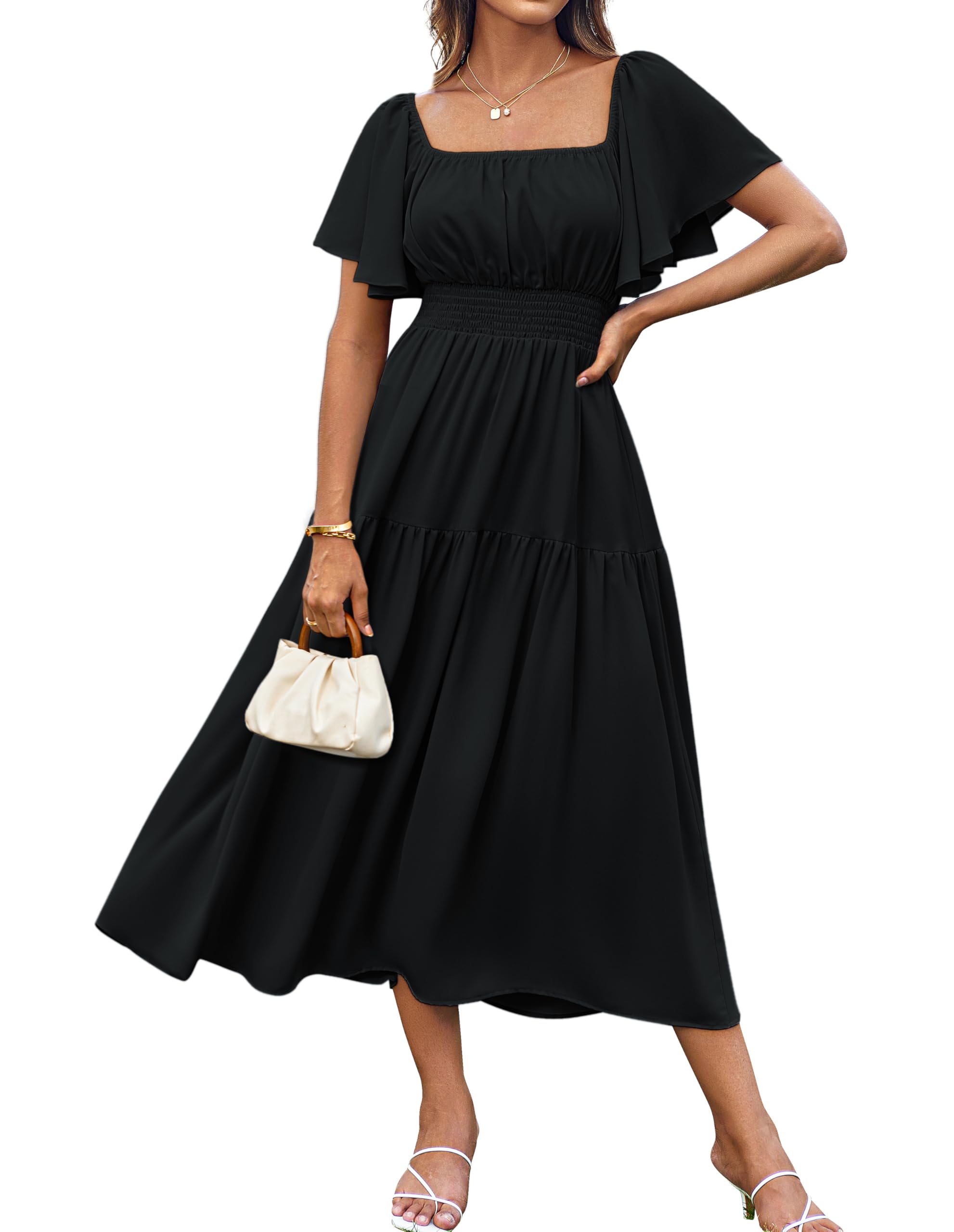 GRACE KARIN Robe Longue Élégante Femme Col Carré Manches Courtes Volantées Taille Smockée Robe d'Été A-Line Noir S