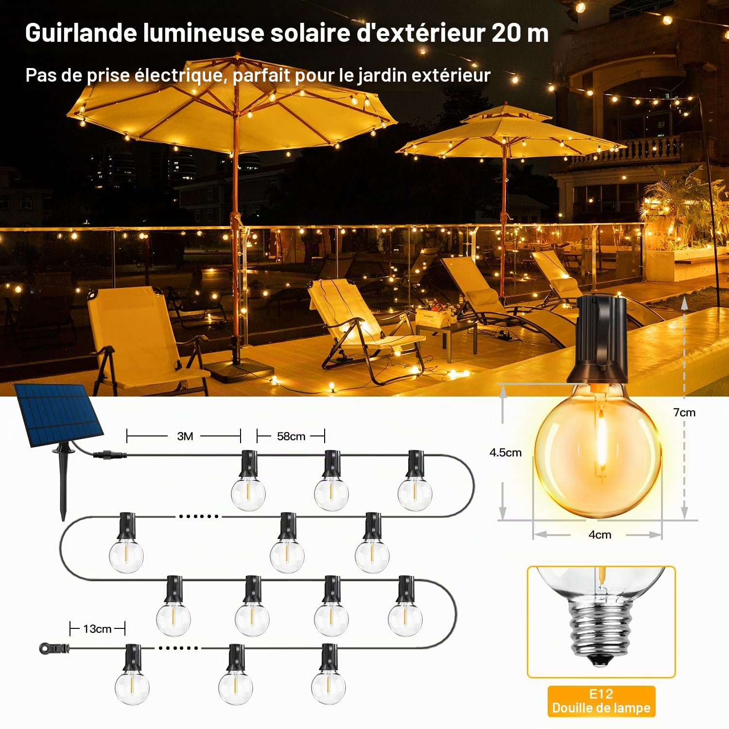 Guirlande lumineuse solaire d'extérieur 20 m avec 30 + 2 ampoules LED, G40, résistant aux intempéries, pour jardin, balcon, télécommande, 3 modes d'éclairage,fonction minuterie, étanchéité IP65