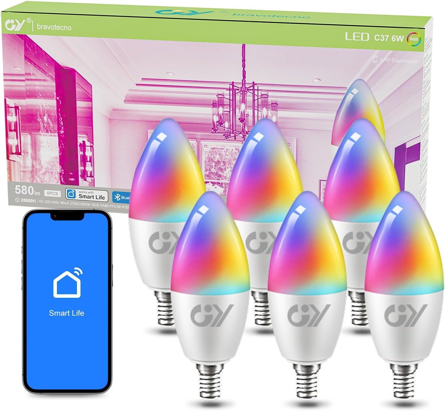 Product image of GY Bluetooth Mesh E14 RGBCW Smart Bulbs C37 Dimmable LED Bulb,Warm White to Cool White(2700K-6500K) Colour Changing,580LM,No WiFi Required,Bluetooth Connect Smart Life APP Control,6 Packs