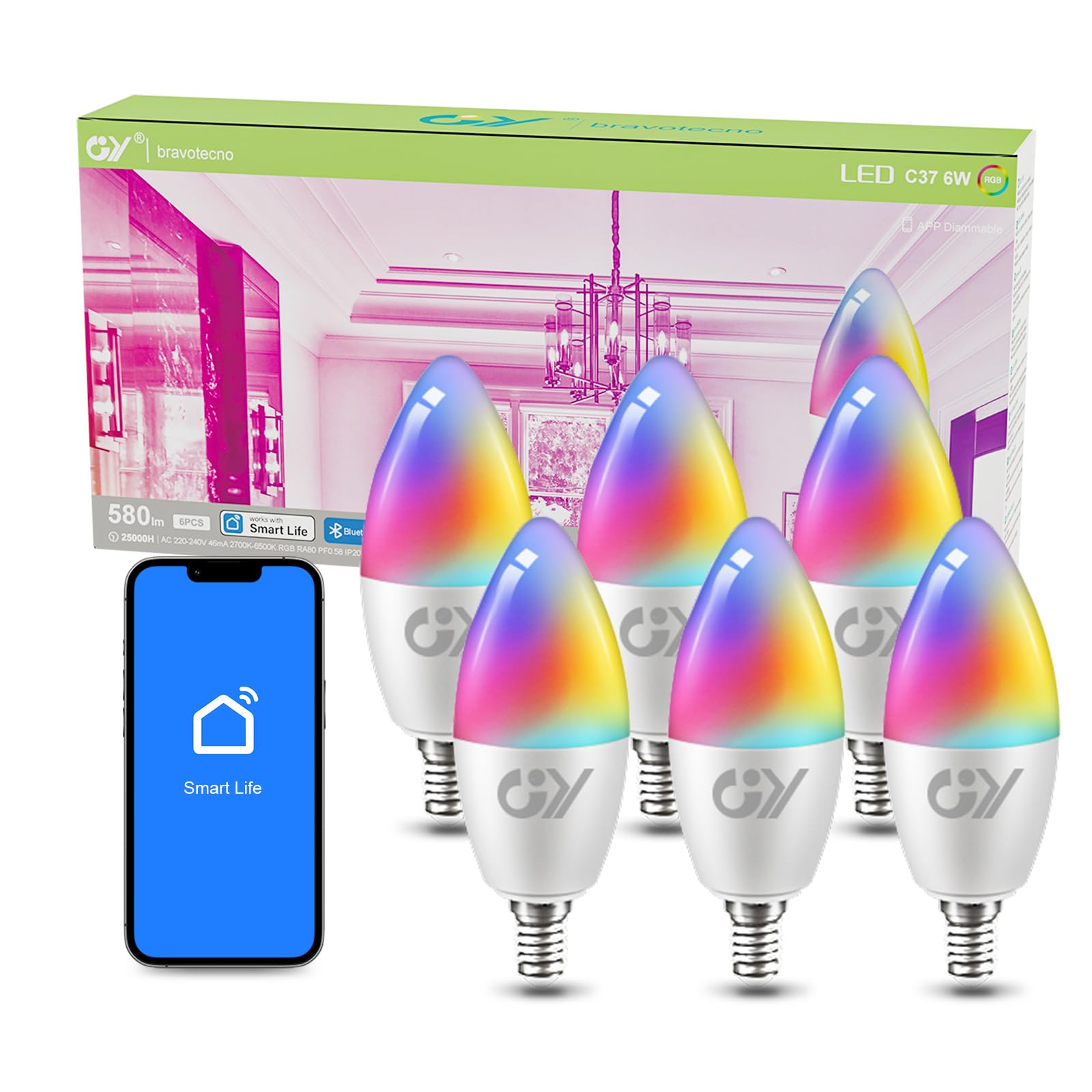 GY GY Bluetooth Mesh E14 RGBCW Smart Bulbs C37 Dimmable LED Bulb,Warm White to Cool White(2700K-6500K) Colour Changing,580LM,No WiFi Required,Bluetooth Connect Smart Life APP Control,6 Packs