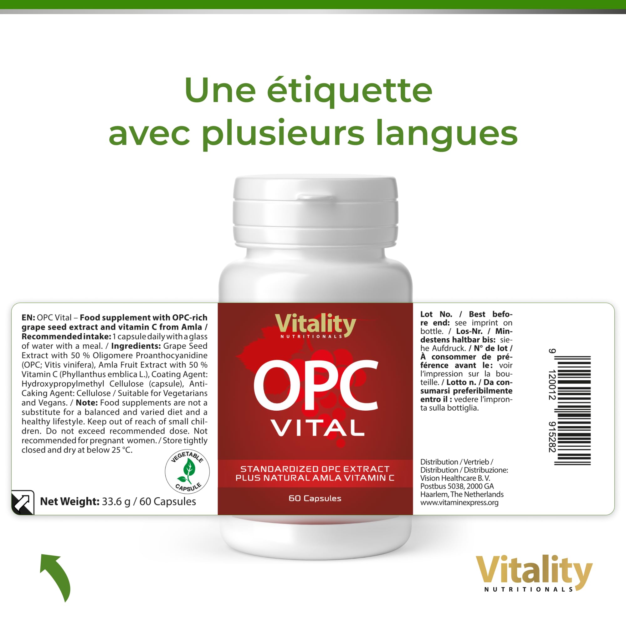 OPC, Extrait de Pépins de Raisin 150 mg et Vitamine C. Issu Raisins Français Premium. Testé en Laboratoire, 60 Gélules. Anti-âge, Antioxydants. Sans Additif. Vitality Nutritionals by VitaminExpress