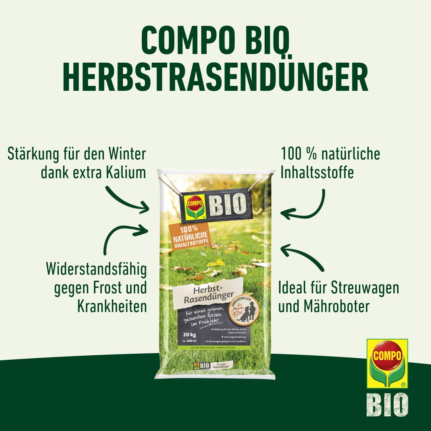 COMPO BIO Herbst-Rasendünger als Stärkung für den Winter und für einen grünen, gesunden Rasen im Frühjahr 20 KG für 400 m²