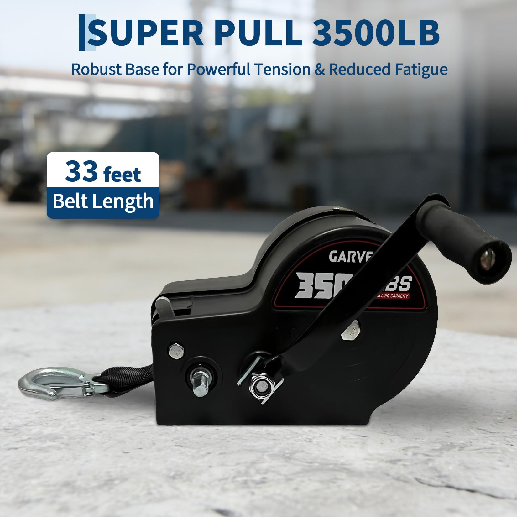 Garvee Treuil Manuel Robuste 3500lbs Pour Remorque Bateau – Sangle 10m, Double Rapport 4:1/8:1, Acier Galvanisé, Pour Remorque, Camion, ATV, Jet Ski – Poignée Standard, Noir