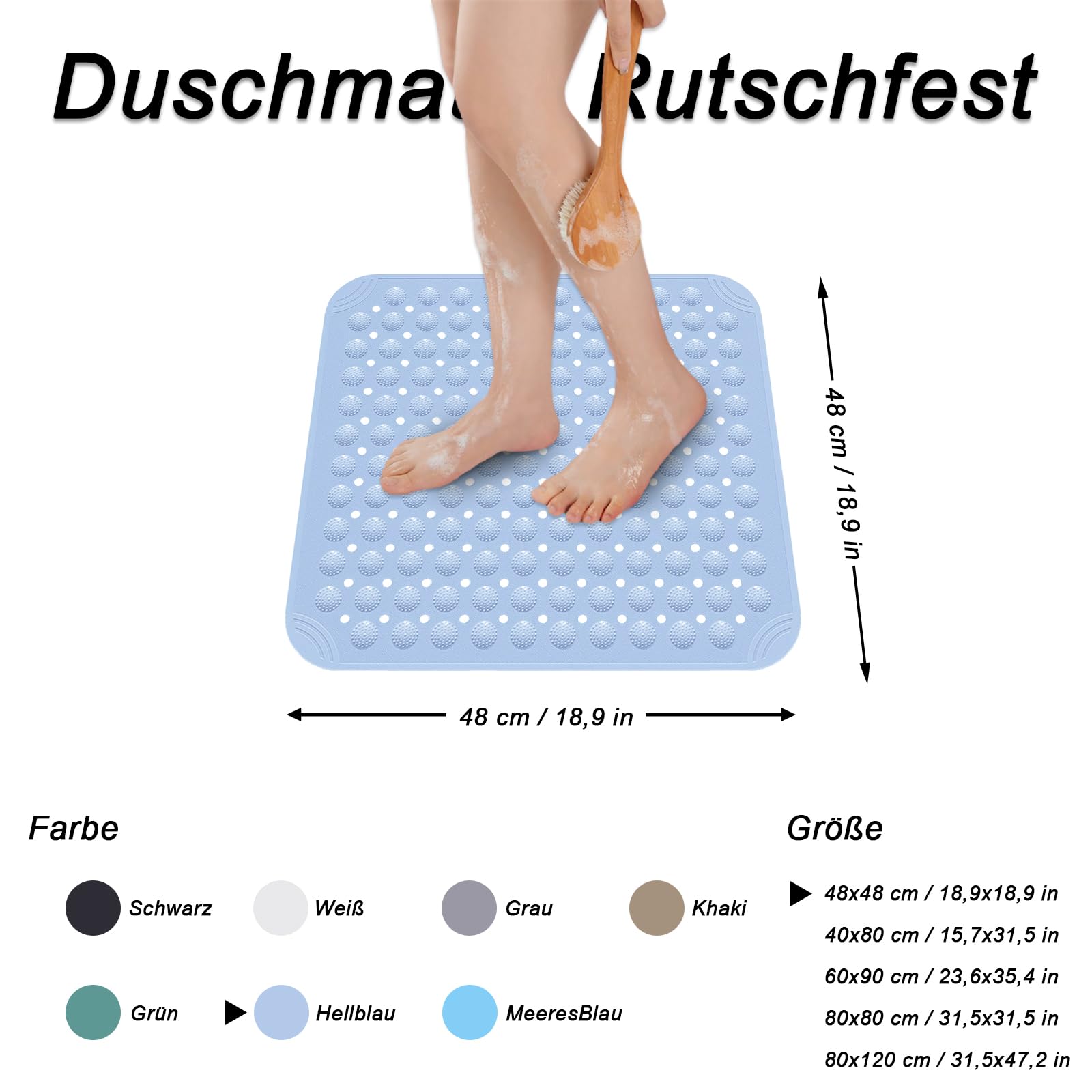 Tapis Salle Bain Sécurité Tapis Douche Antidérapant 48x48cm Gris - Ventouses Lavable Machine PVC Massant Tapis Bain Ventouses 48cm