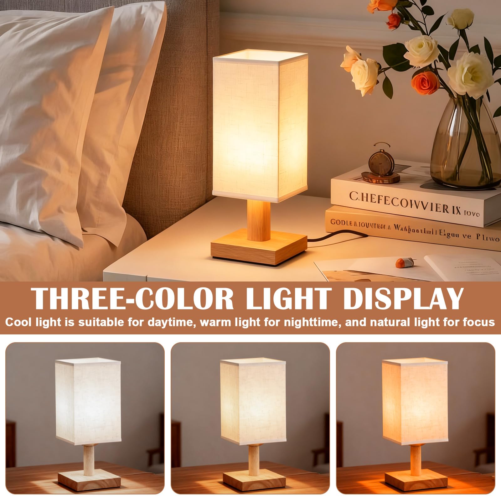 Lot de 2 lampes de chevet design rétro, lampes de chevet, 3 niveaux de luminosité réglables, blanc chaud, abat-jour en lin, lampe de table pour chambre et salon, gris