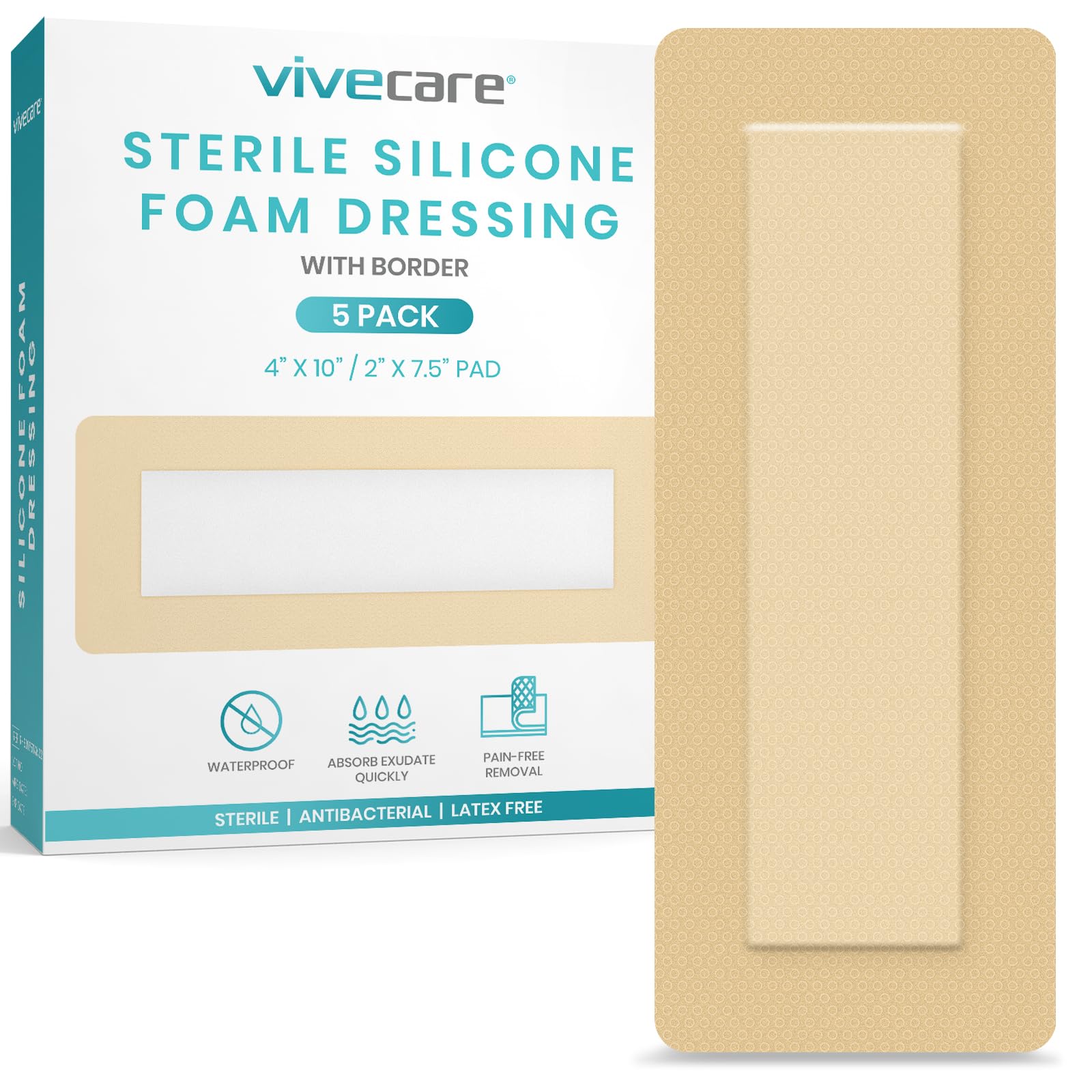 ViveCare Silicone Foam Dressing 4x10 with Border Adhesive - Bed Sore Bandage Foam Wound Dressing - Silicone Bordered Foam Dressing with Adhesive Border - Pressure Sore & Ulcer Wound Patches (5 Pack)