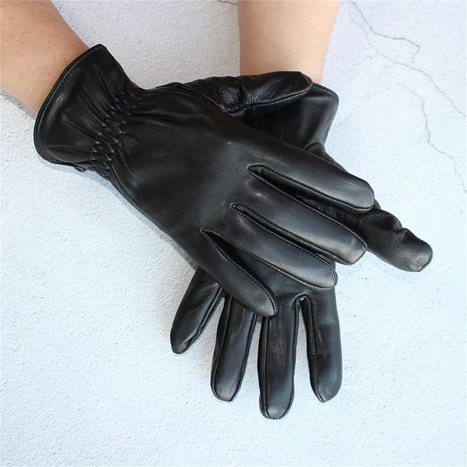 Guantes de piel de oveja auténtica negra para hombre, con forro polar grueso, cálidos, resistentes al viento, para montar en motocicleta