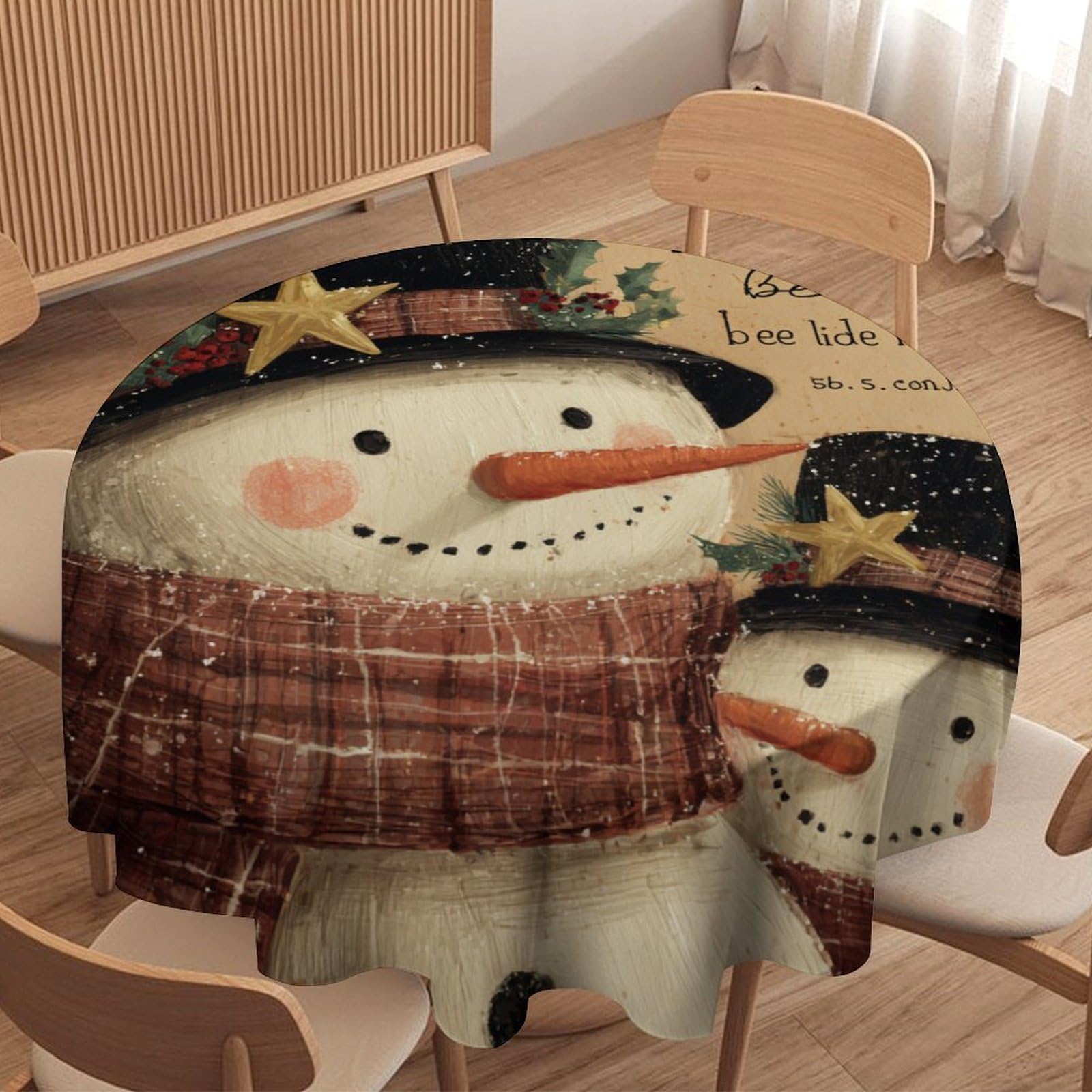 LUYYSKY Cute Abstract Snowman Round Tablecloth Beautiful Funny Christmas Winter Snowman Plant Pine Green Leaf Washable Decor for Table Cover for Kitchen-177.8" Wx177.8 L cm