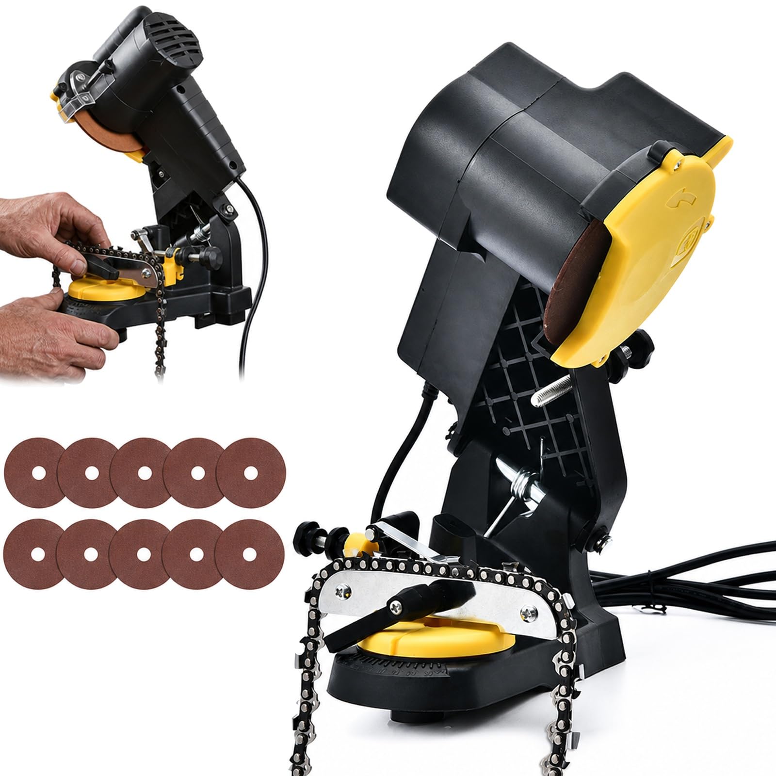 Affilacatene elettrico per motoseghe, 10 dischi abrasivi, motore da 85 W | Angolo regolabile da 0 a 35°, ritorno automatico, dischi da 3,2 mm di spessore, protezione di sicurezza, per giardinaggio